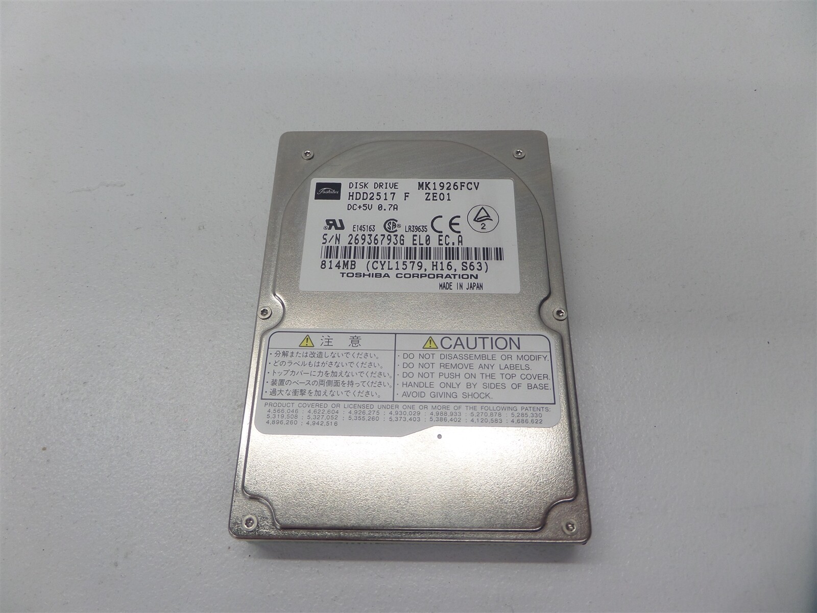 Vintage Toshiba MK1926FCV HDD2517 F ZE01 814MB 2.5" IDE Hard Drive