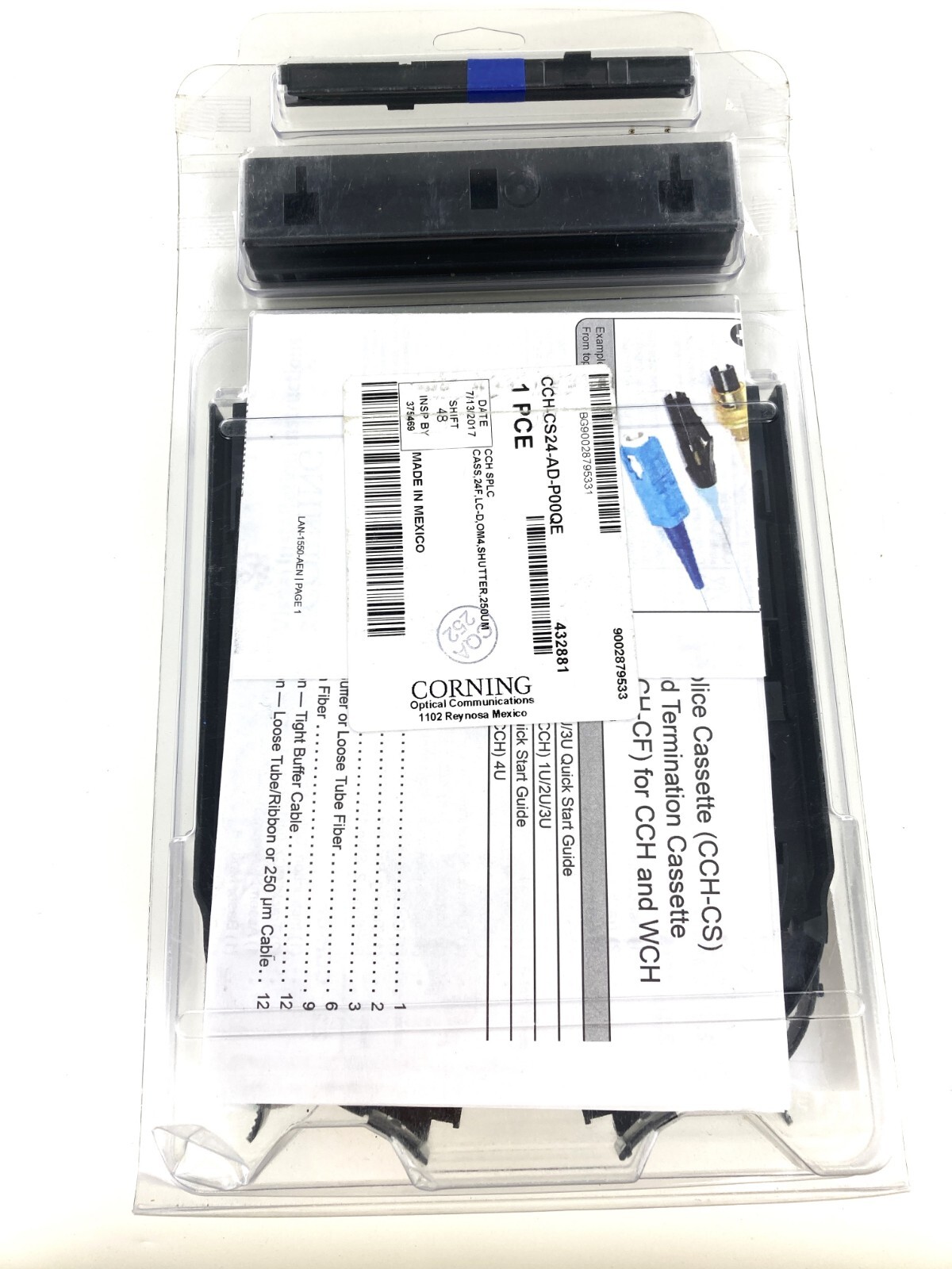 Corning CCH-CS24-AD-P00QE Pigtailed Splice Cassette 24F LC Duplex MM OM4 Shutter