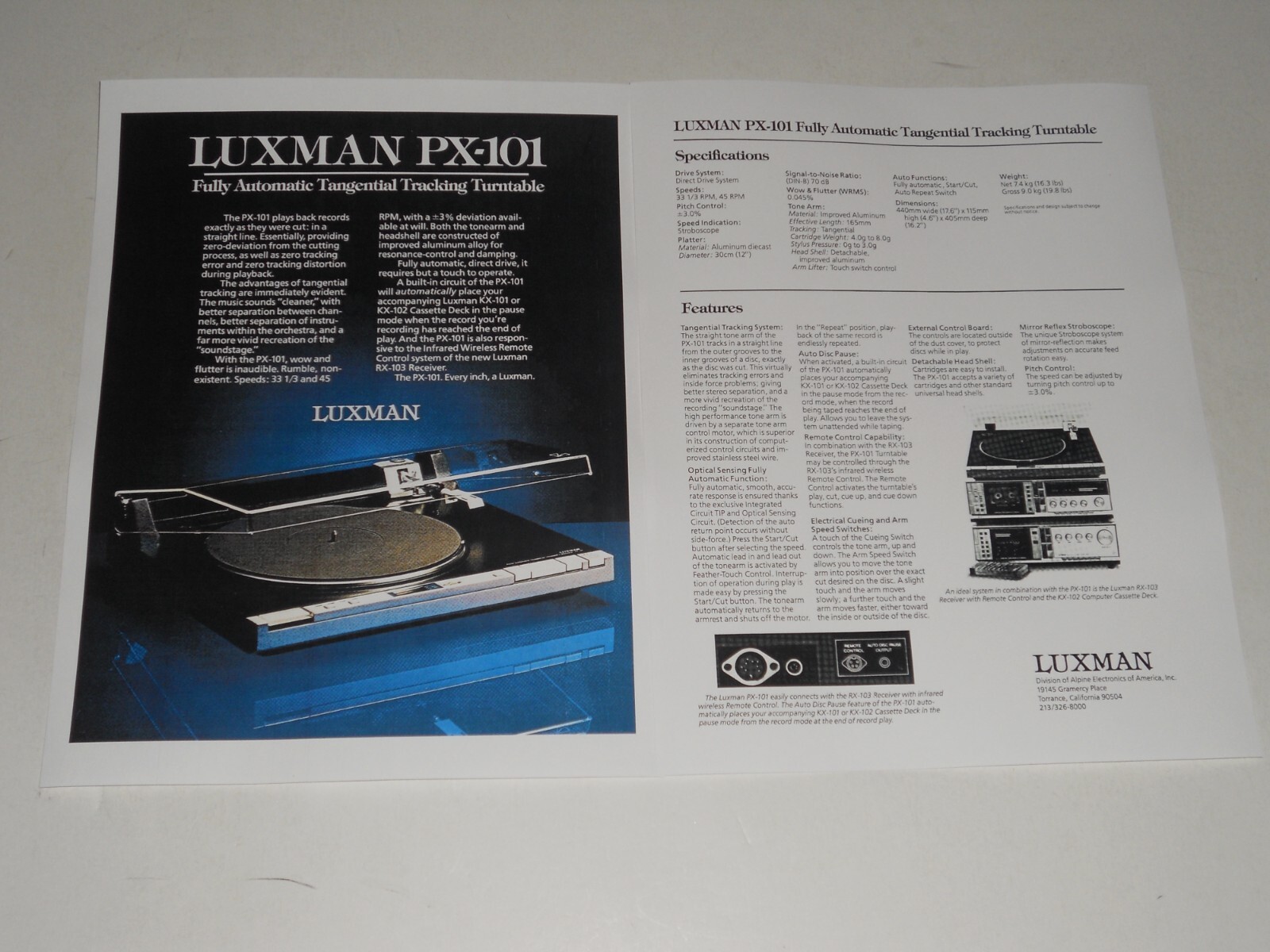 Luxman PX-101 Turntable Brochure 1983 Audiophile 2 pages, Specs, Article