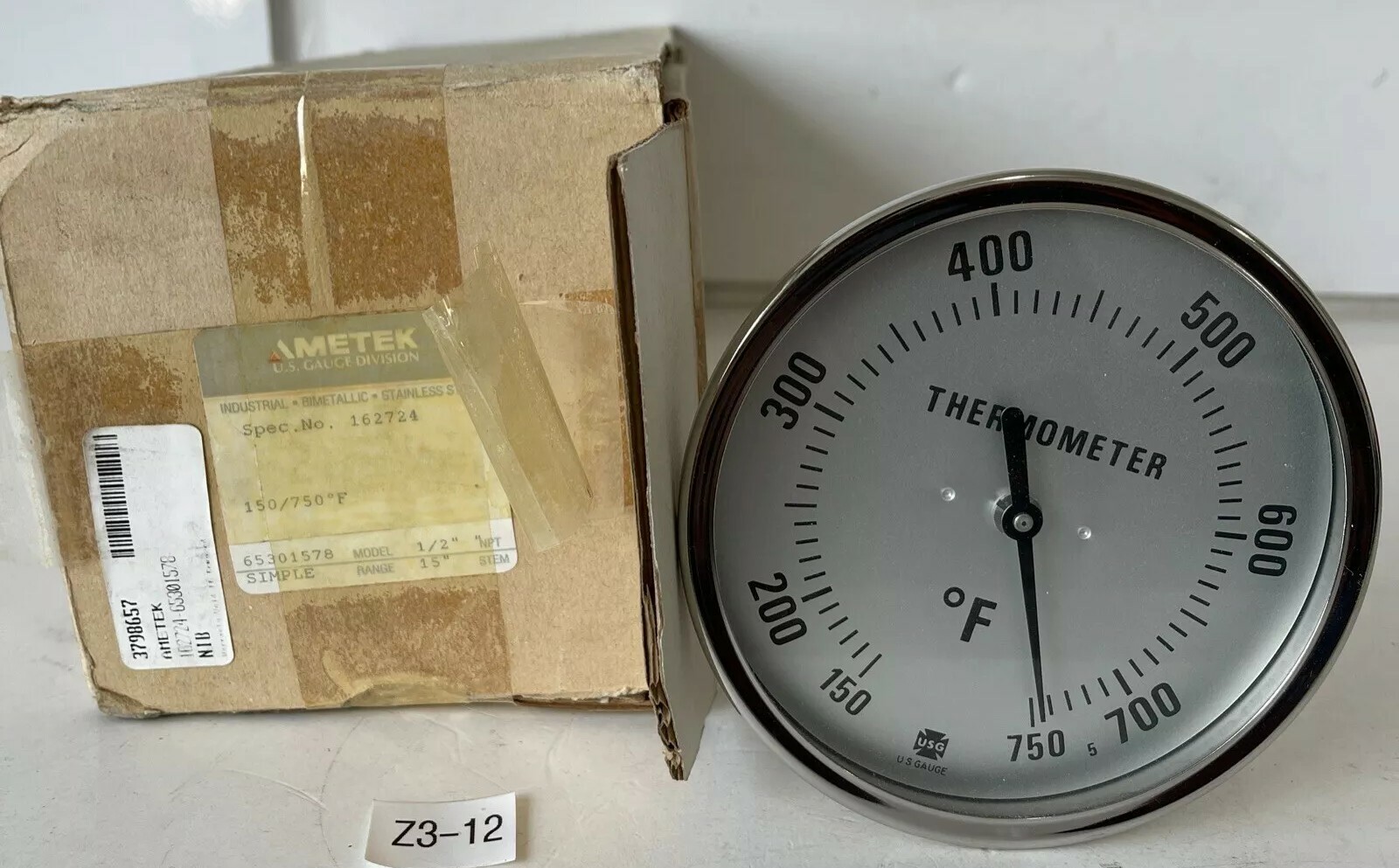 *NEW* Ametek 162724 Thermometer Gauge 150/750 F, 1/2", 15" Stem