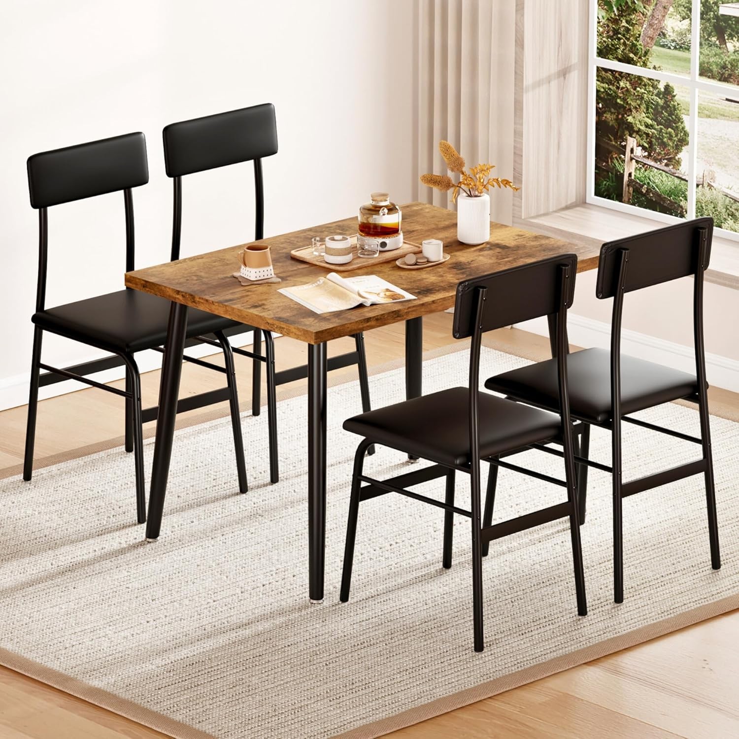 Dining Set for 4 w/ 4 Upholstered Chairs & Wood Table,Space-Saving for Apartment