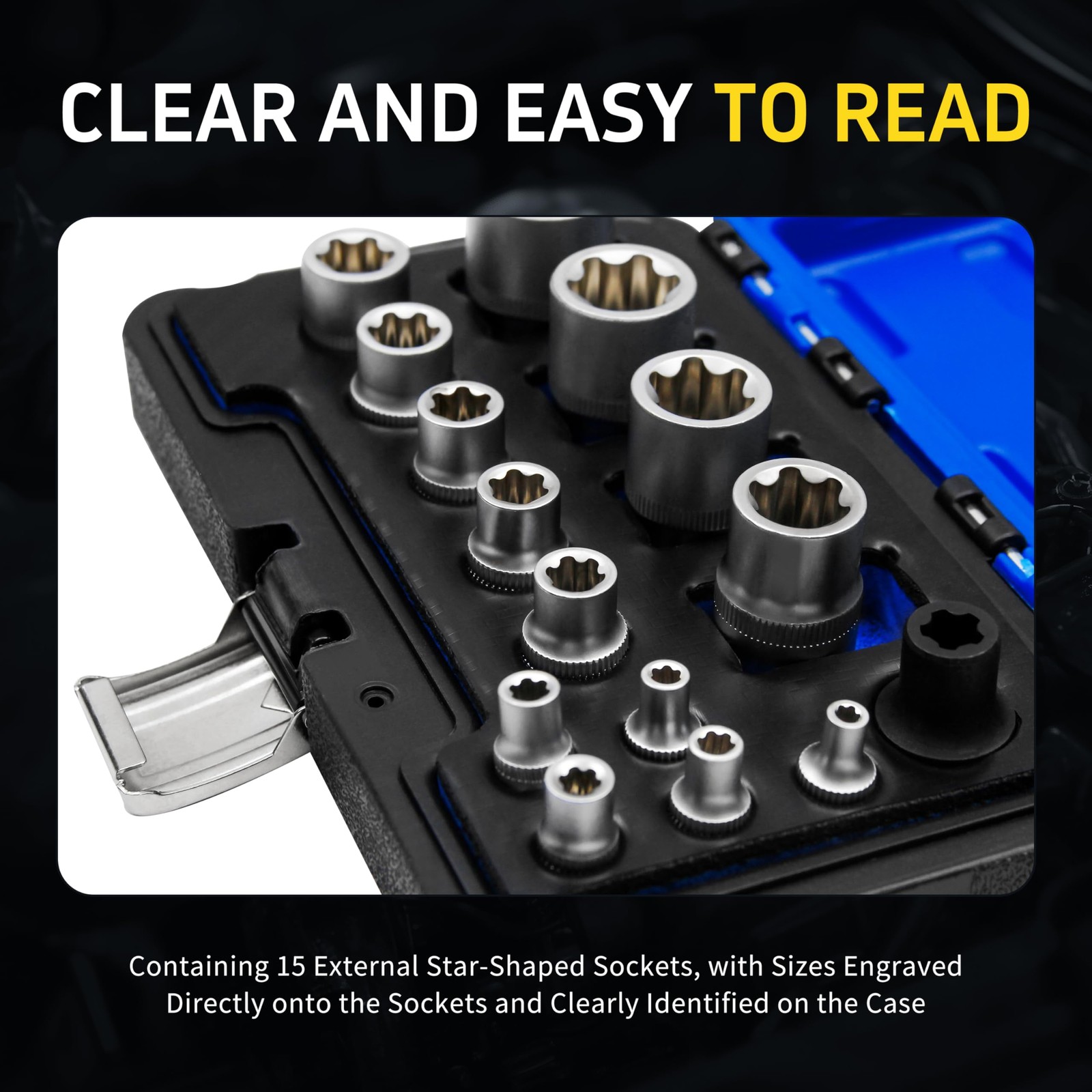 15pc External Torx Plus Socket Set with Tesla, 6 Point EP Sockets EP4, EP5, E...