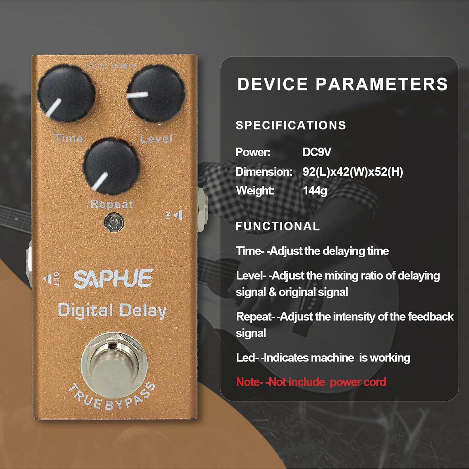 Digital Delay Guitar Effects Pedal Effect Pedals Time/Level/Repeat Knob with Ste