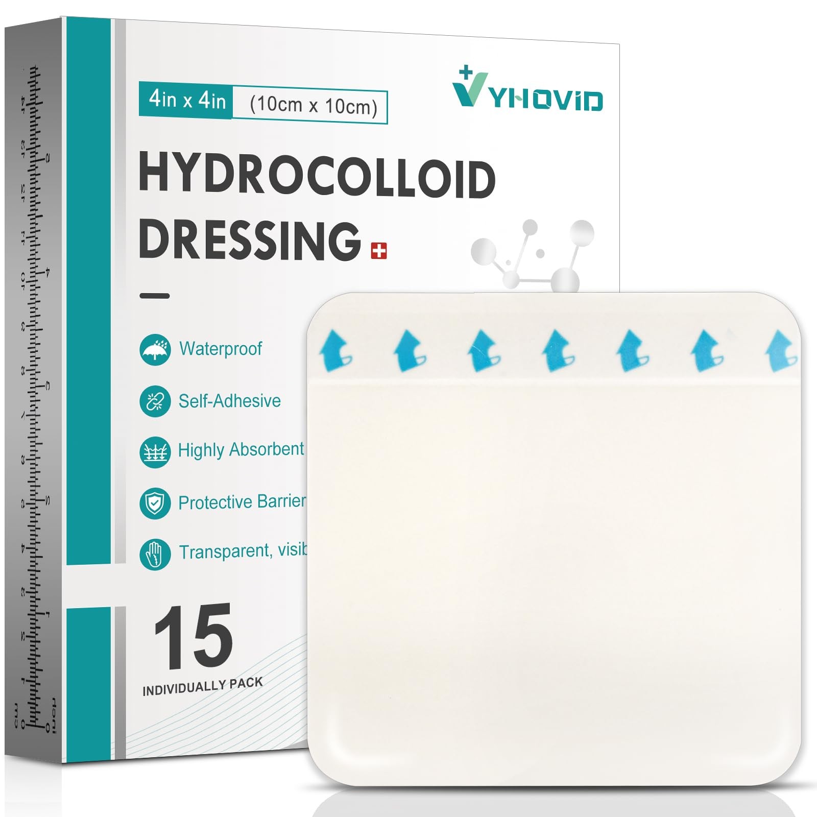 15 Pack Hydrocolloid Wound Dressing 4" x 4", x 4"(15 PCS), Transparent