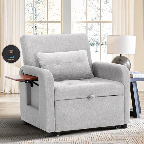 Convertible Sleeper Chair-Fabric Futon Sofa Bed, Single Sleeper Sofa, Lightgrey