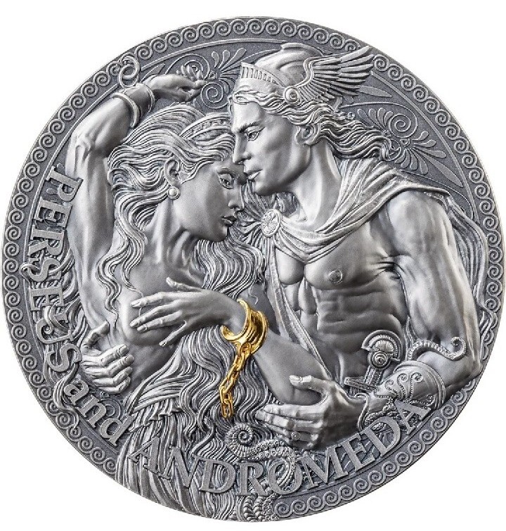 2 OZ .999 PURE SILVER ANDROMEDA & PERSEUS CAMEROON ROUND COIN GIRL RARE ART