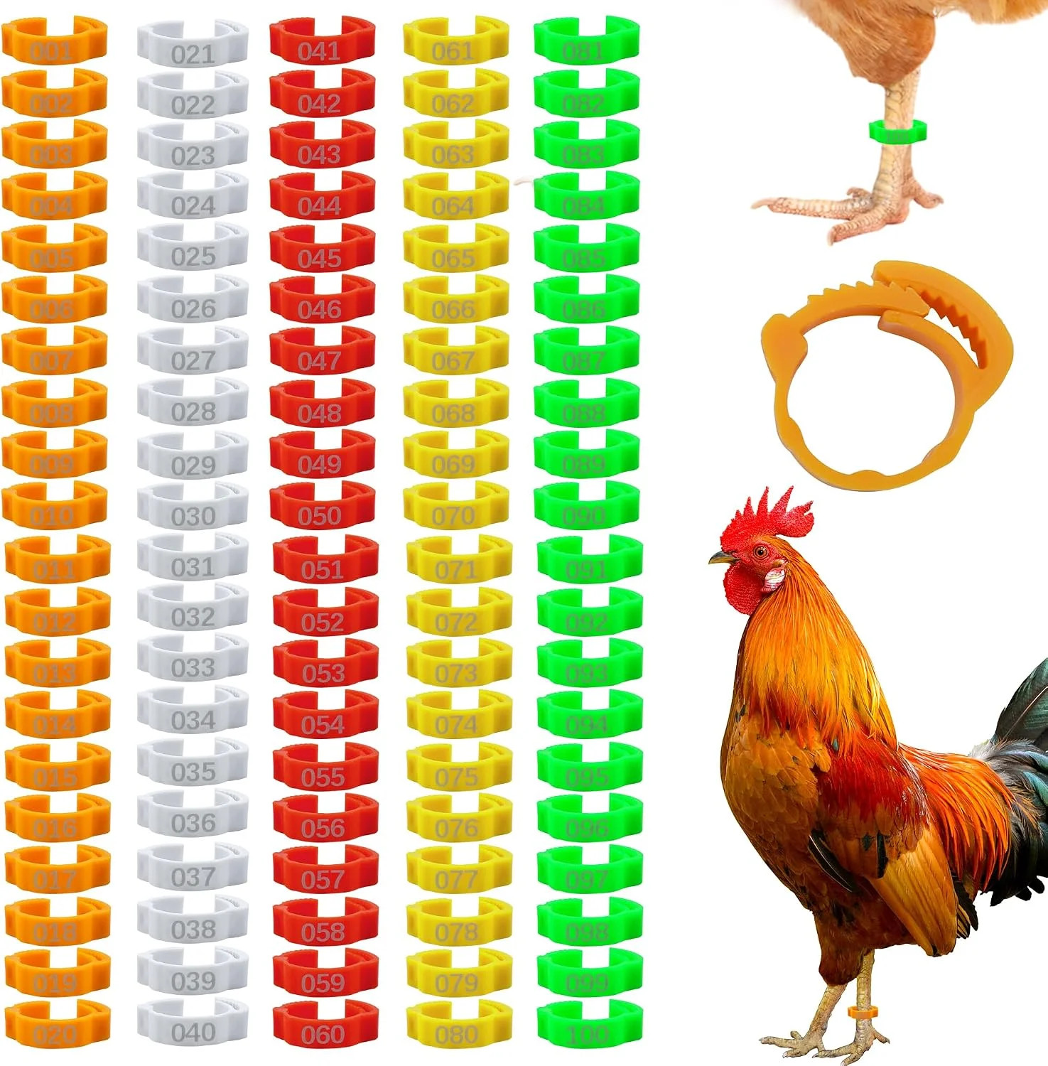 100 PCS Numbered Poultry Leg Bands Chicken Duck Goose Pigeon ID Rings Farm Tags