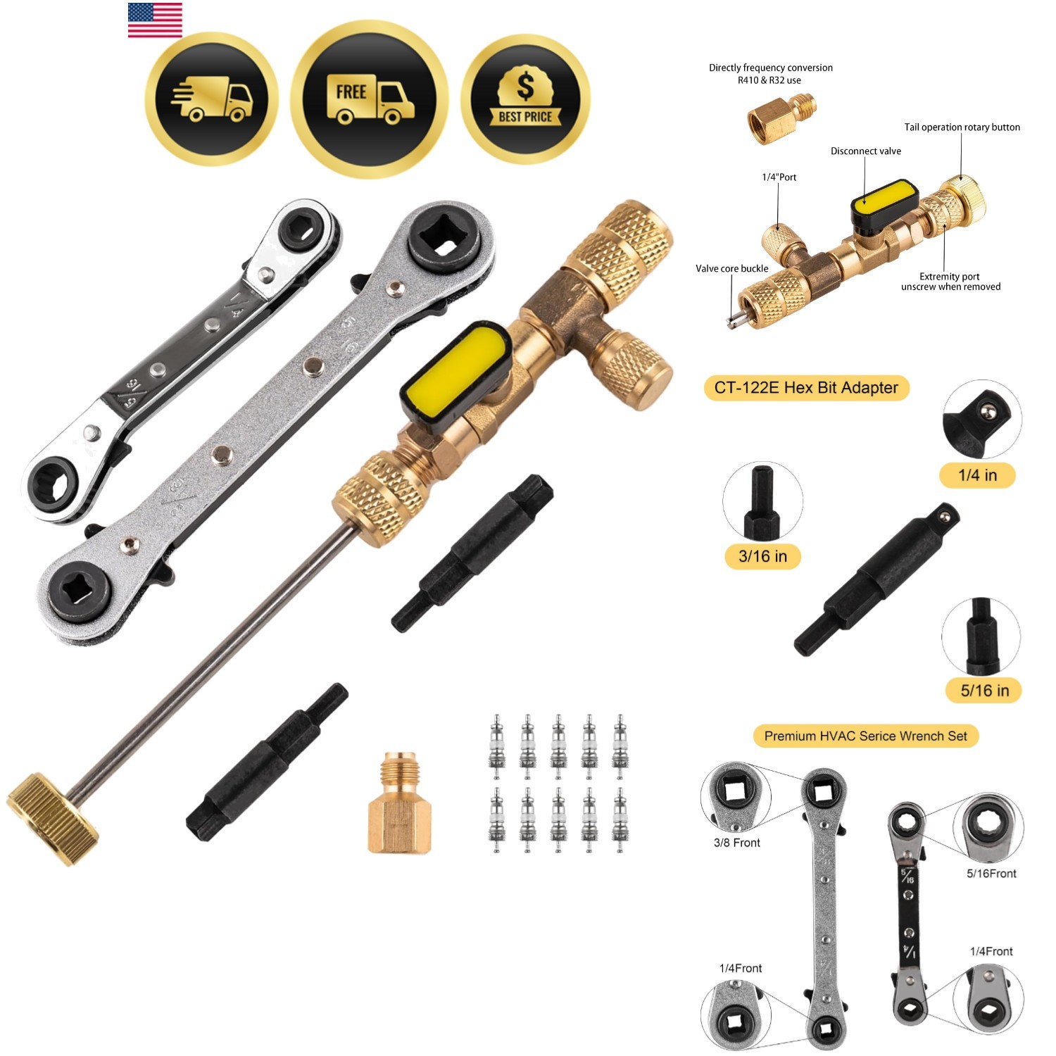 Valve Core Remover Installer Tool and HVAC Service Wrench Set with Hex Bit Ad...