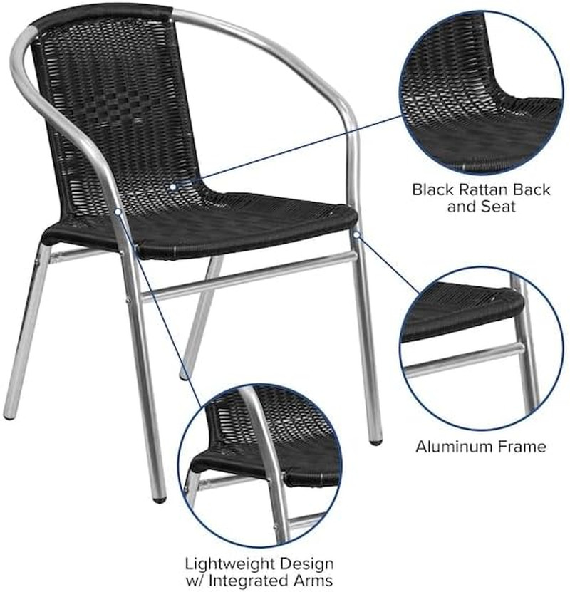 Commercial Aluminum and Black Rattan Indoor-Outdoor Restaurant Stack Chair