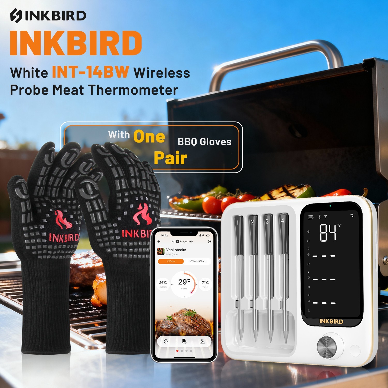INKBIRD BBQ Gloves Wireless Meat Thermometer Real-Time Monitoring Rotisserie