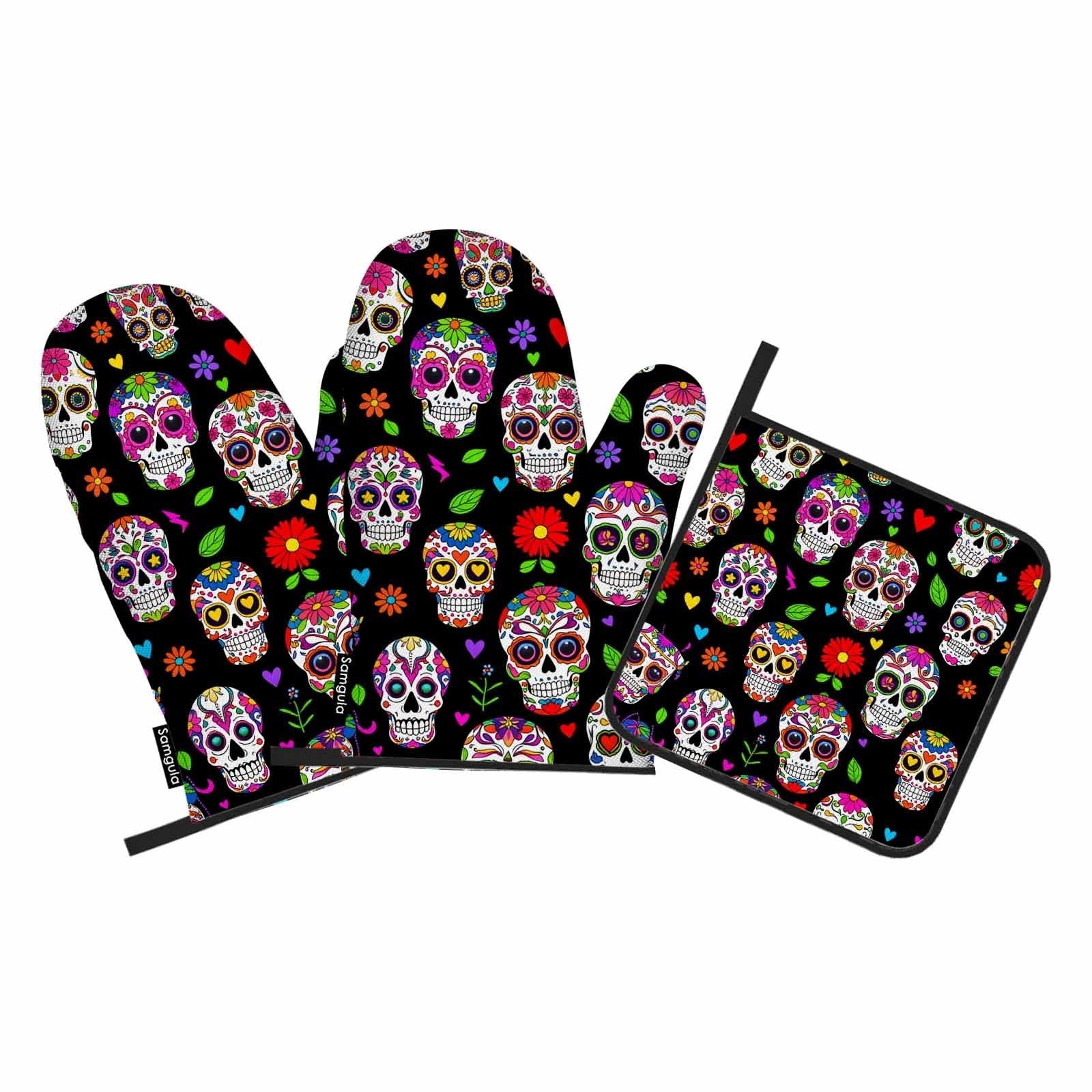 Sugar Skulls Oven Mitts and Pot Holders Sets Flower Texture Hearts Day of the...