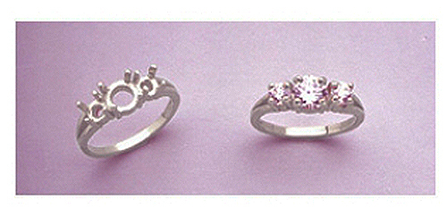 6mm Round Accented Three Stone Sterling Silver Pre-Notched Ring Setting Size 7