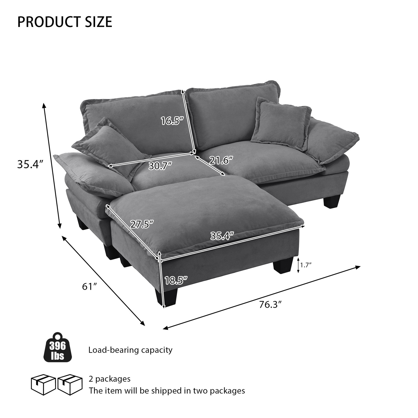 Modular Sectional Sofa, Cloud Couch with Sailboat Design, 1 Movable Ottomans & 2