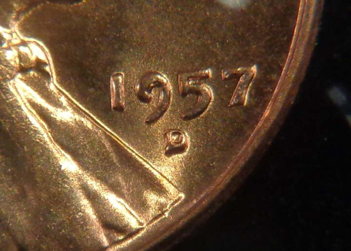 1957 D BIE Die Break Lincoln Cent CH/GEM BU