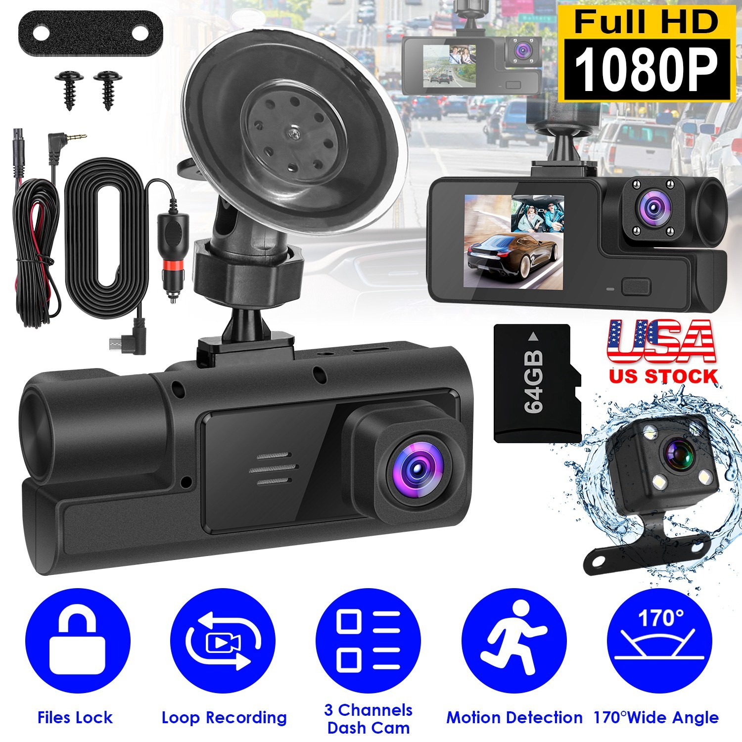 1080P HD Dash Cam WiFi Front Rear Inside Dash Camera  Loop Recording Camera