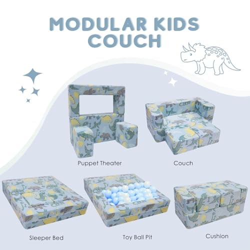 Glow-in-The-Dark Dinosaur Kids Loveseat - Modular Glowing Plush Blue Dinosaur