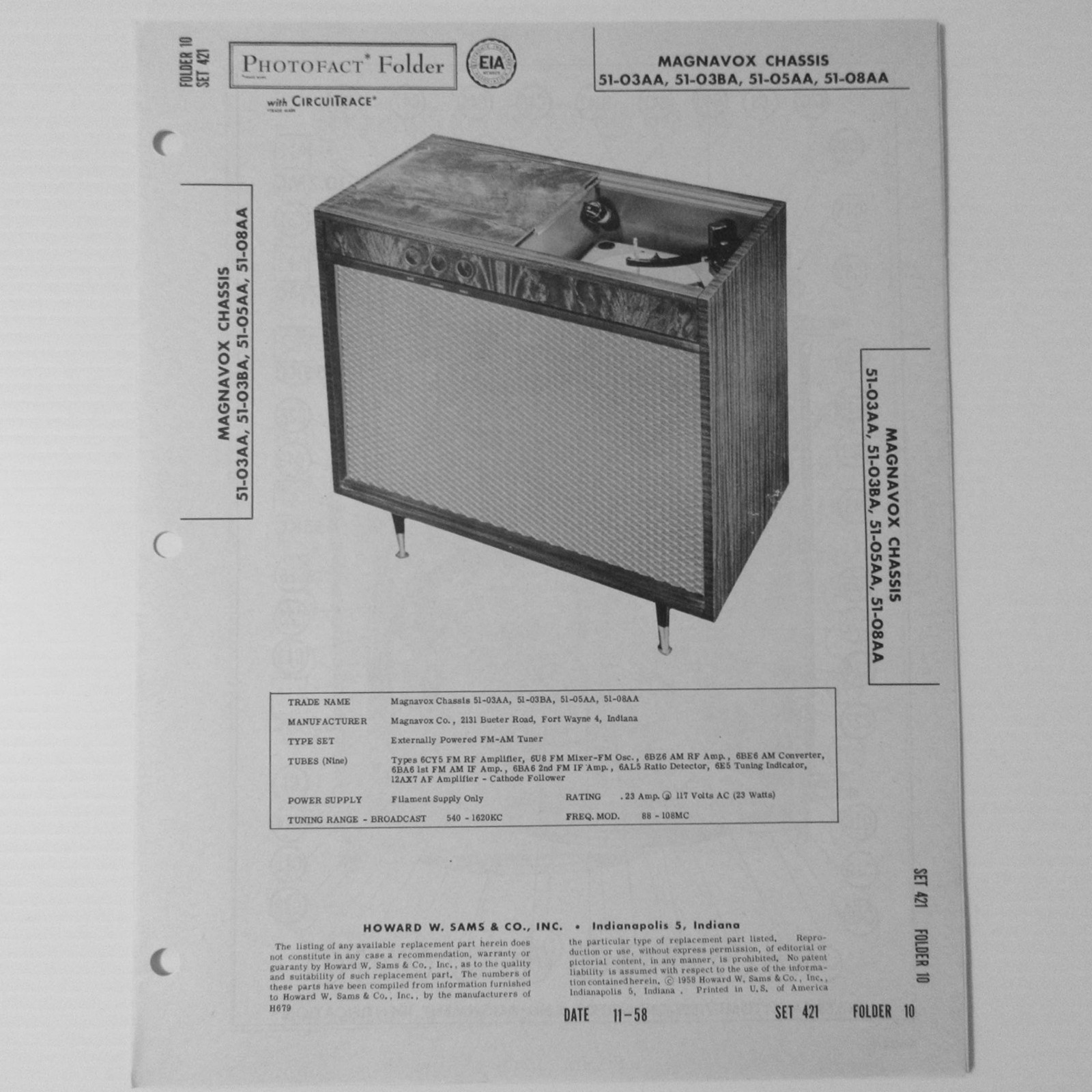 Magnavox Chassis 51-03AA -03BA -05AA -08AA Changer - SAMS Photofact ™ 1958 New