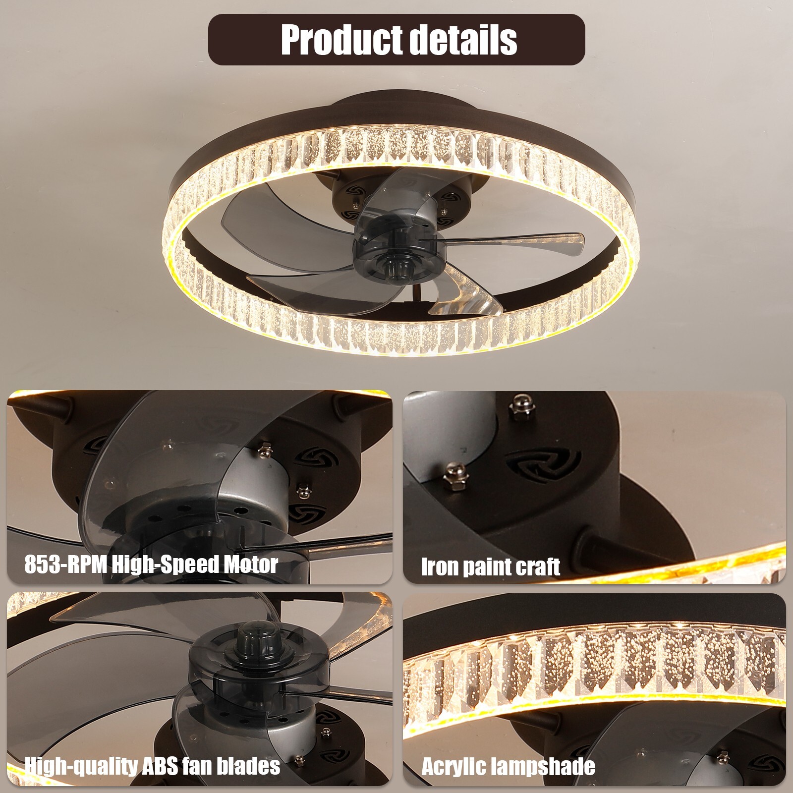 20" Modern Brown 5-Blade Smart LED Ceiling Fan