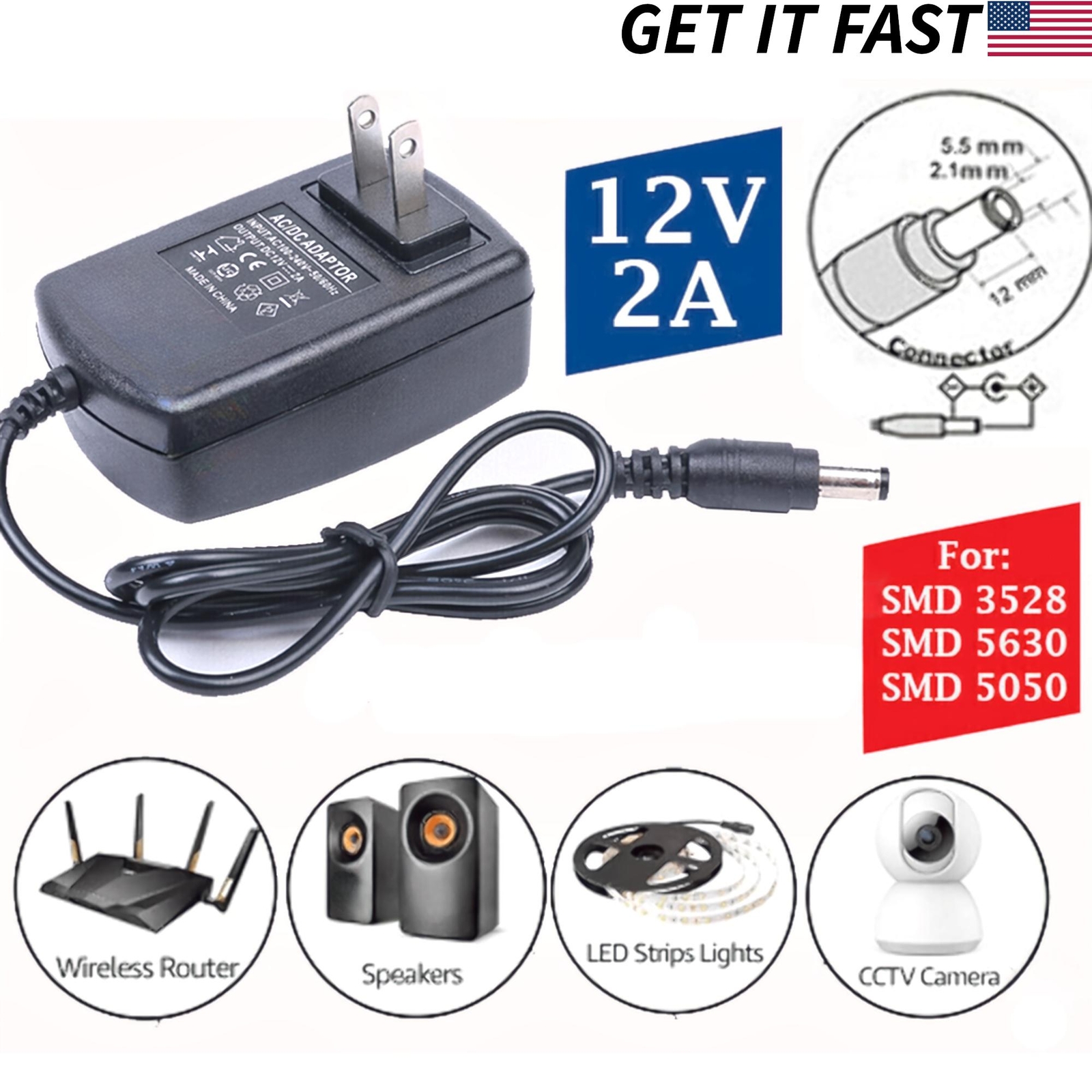 AC 100-240V to DC 12V 2A Power Supply Adapter for LED Light Strip 24W