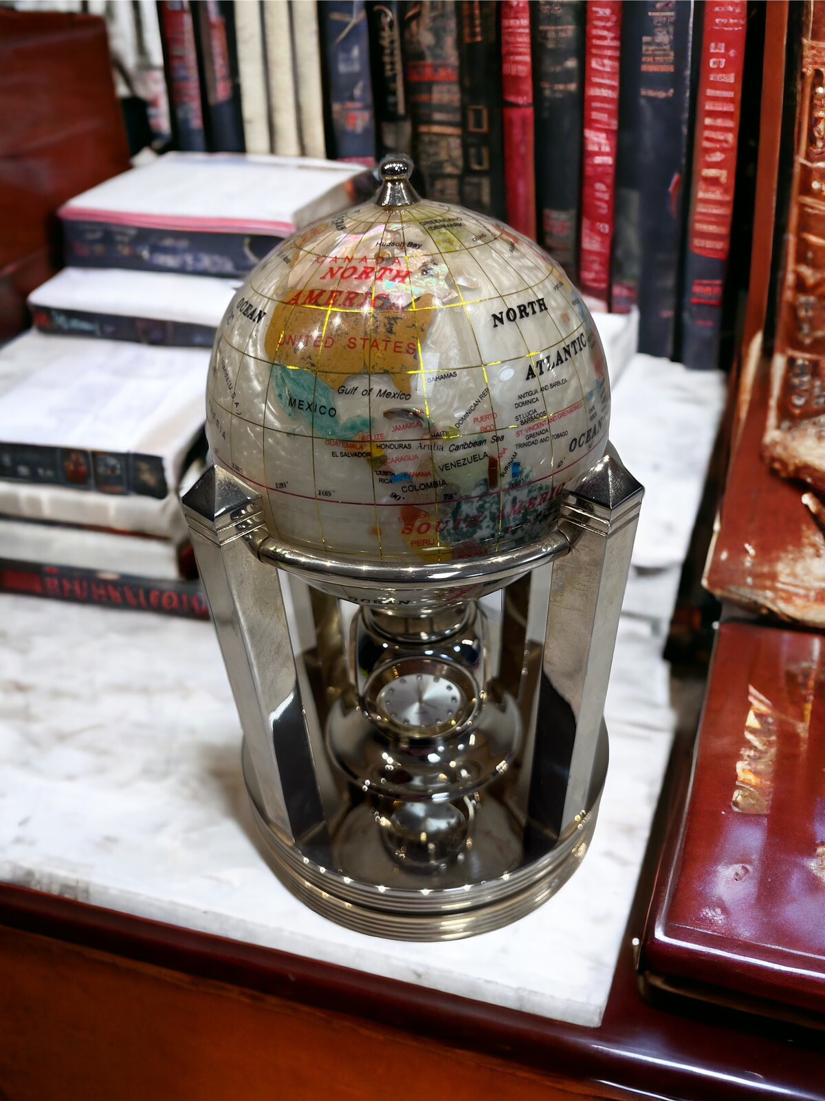 Desktop Globe 9”  semi precious Gemstone Mother Of Pearl Clock Thermometer Brass