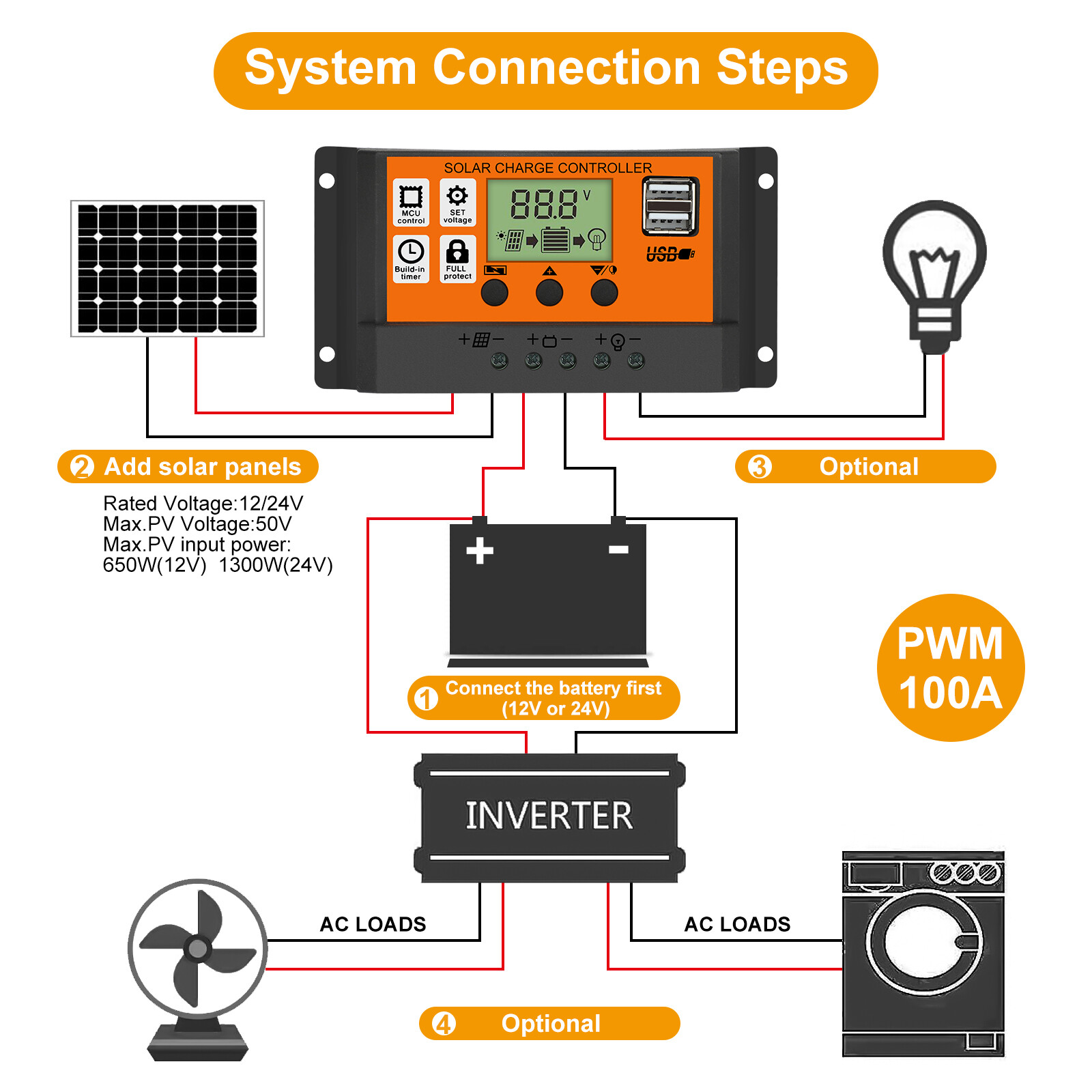 100A MPPT Solar Panel Kit Regulator Charge Controller Auto Focus Tracking12V 24v
