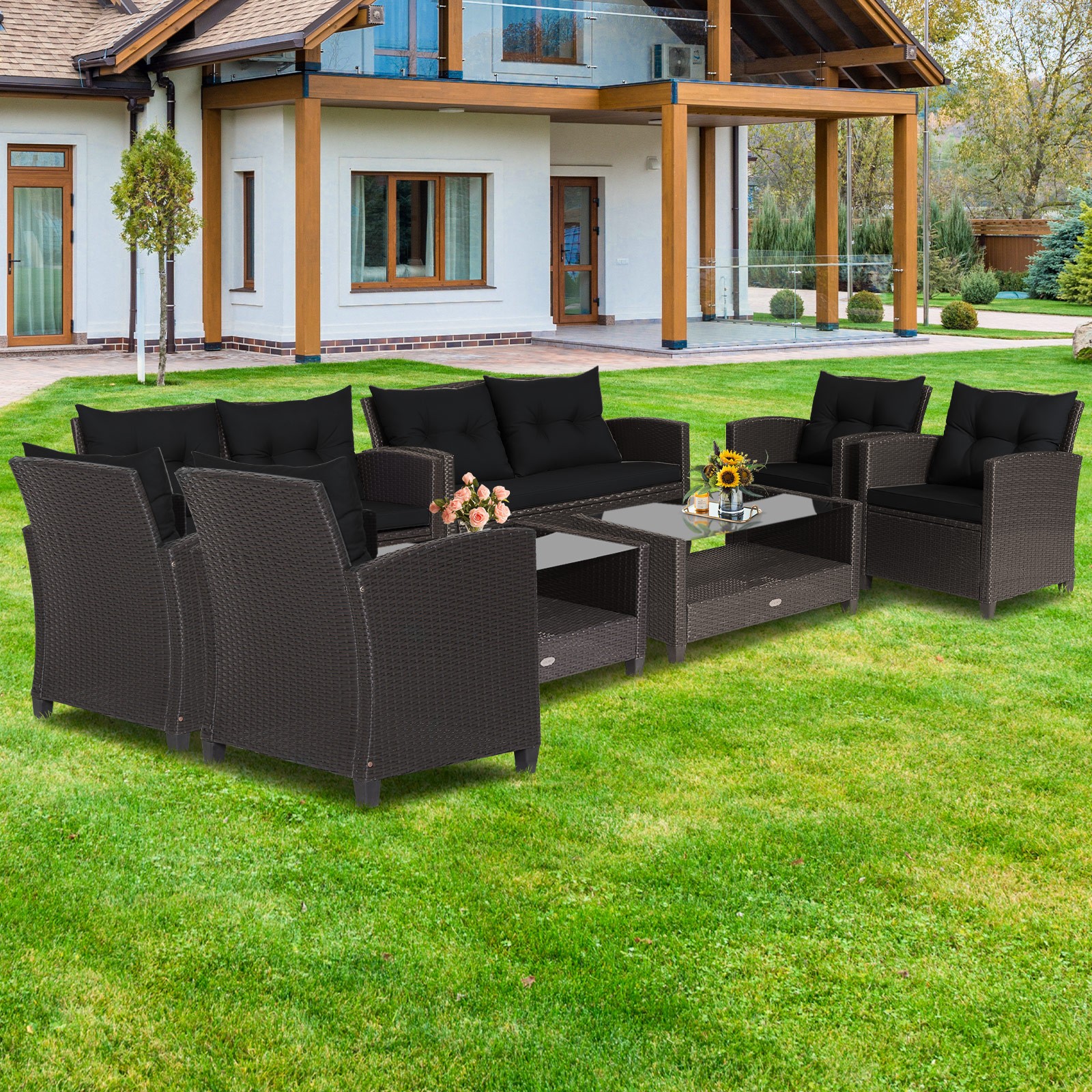 8 PCS Patio Rattan Furniture Set w/ Ergonomic Armrests & Soft Back Cushions