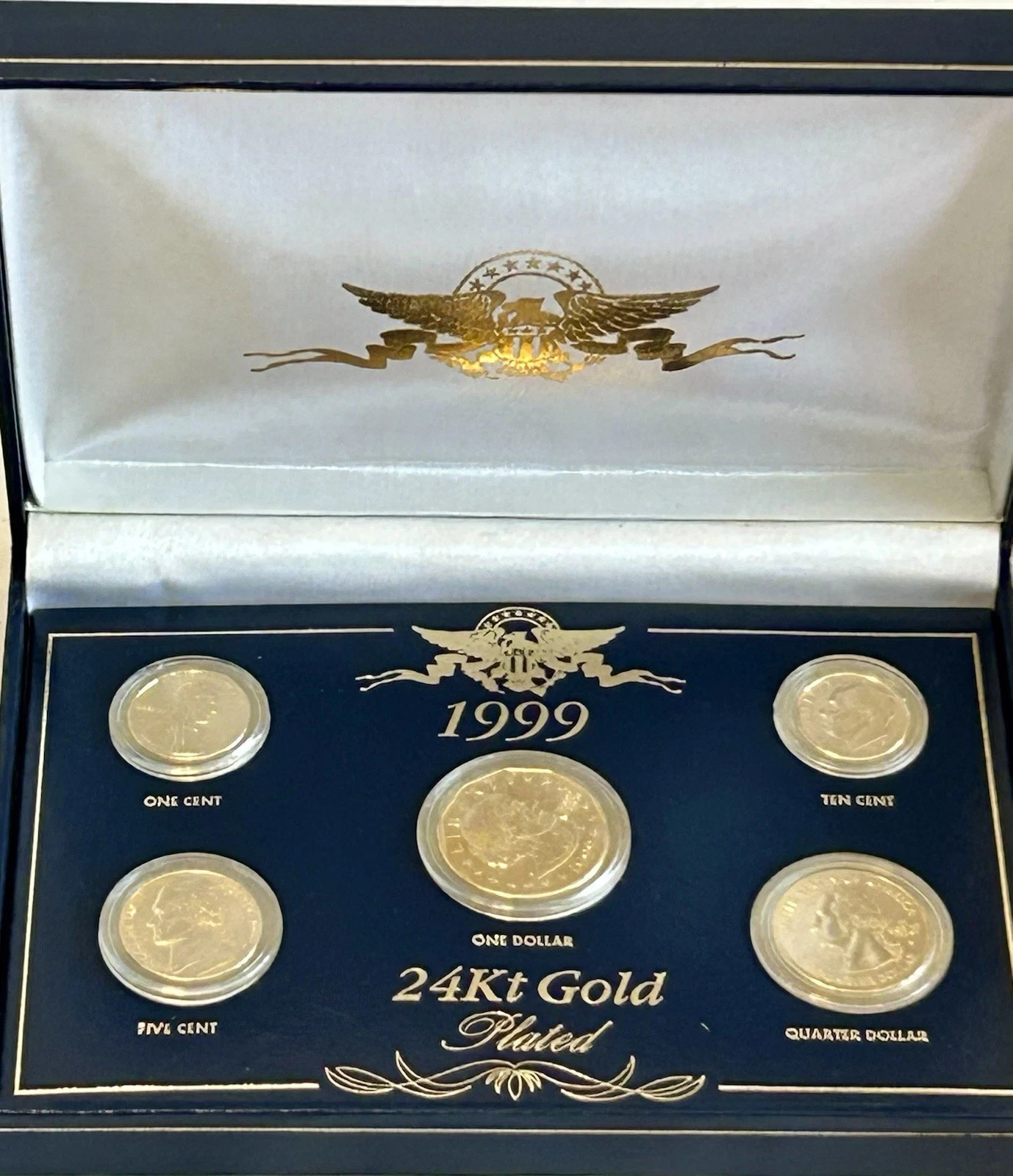 1999 US MINT 24kt Gold Plated USA COIN SET Dollar Quarter Dime Nickel Penny Case