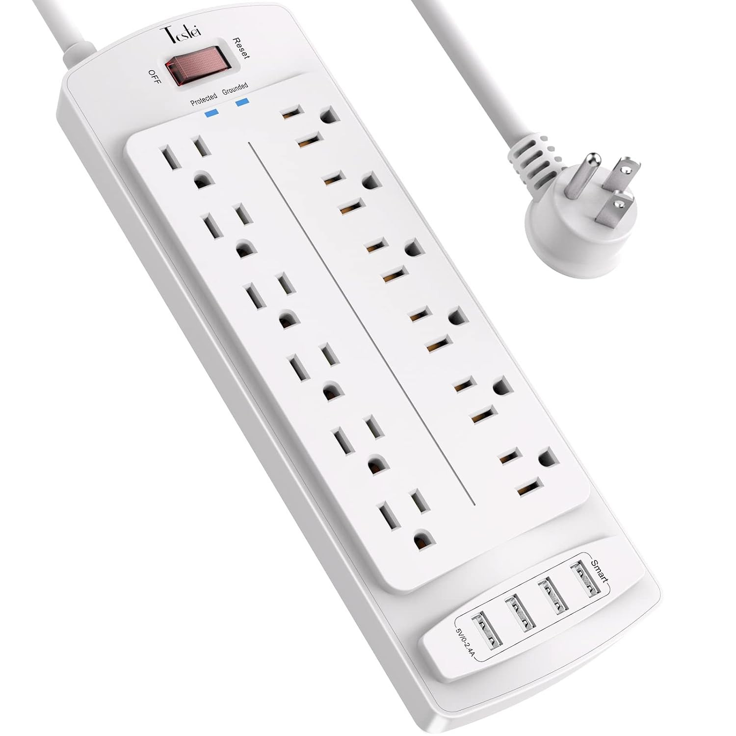 6 Ft White Power Strip with 12 Outlets and 4 USB Ports Surge Protected Power