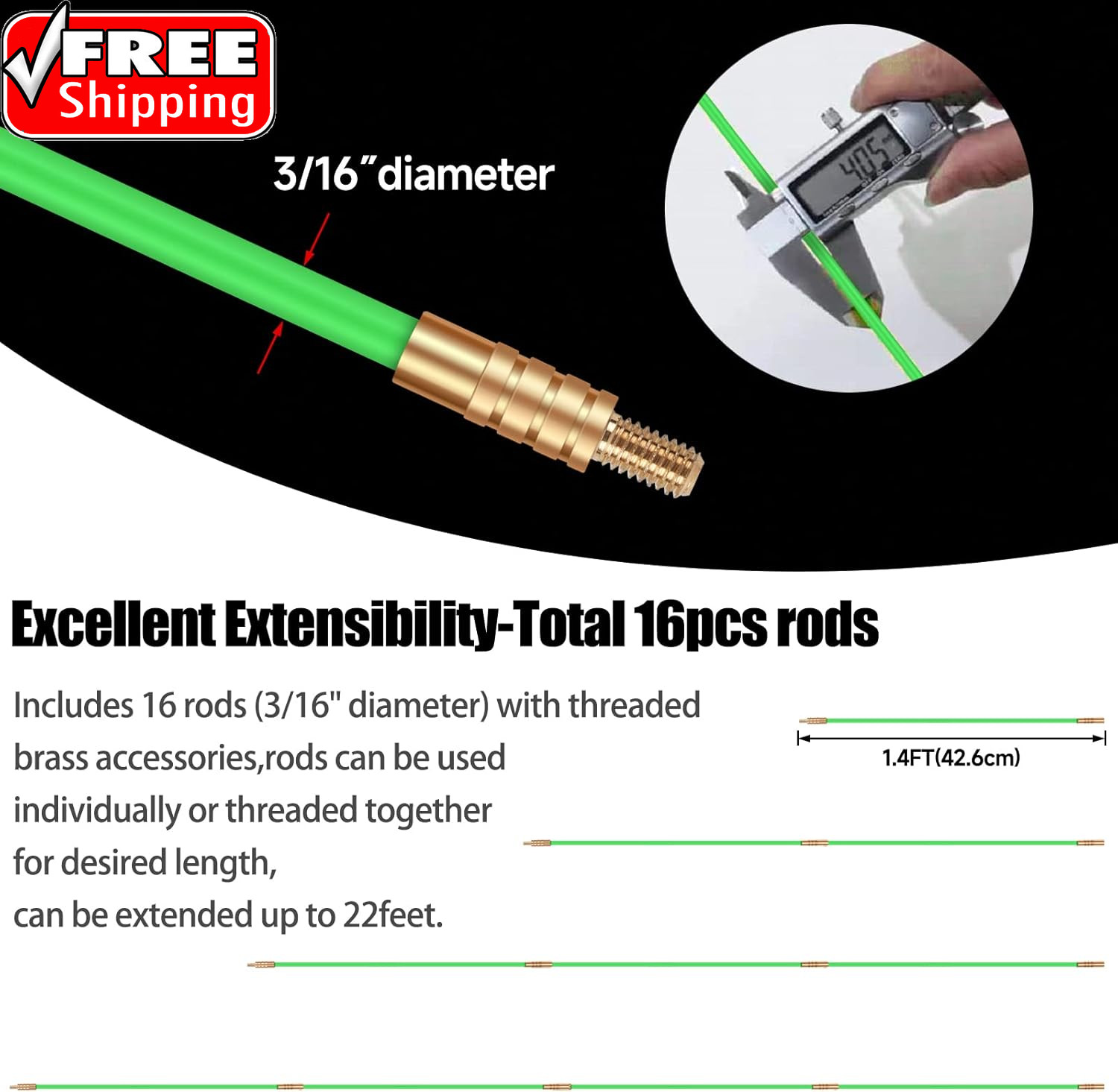 22FT Fiberglass Running Electrical Wire Cable Glow Rods Wire Pulling, Fish Rods