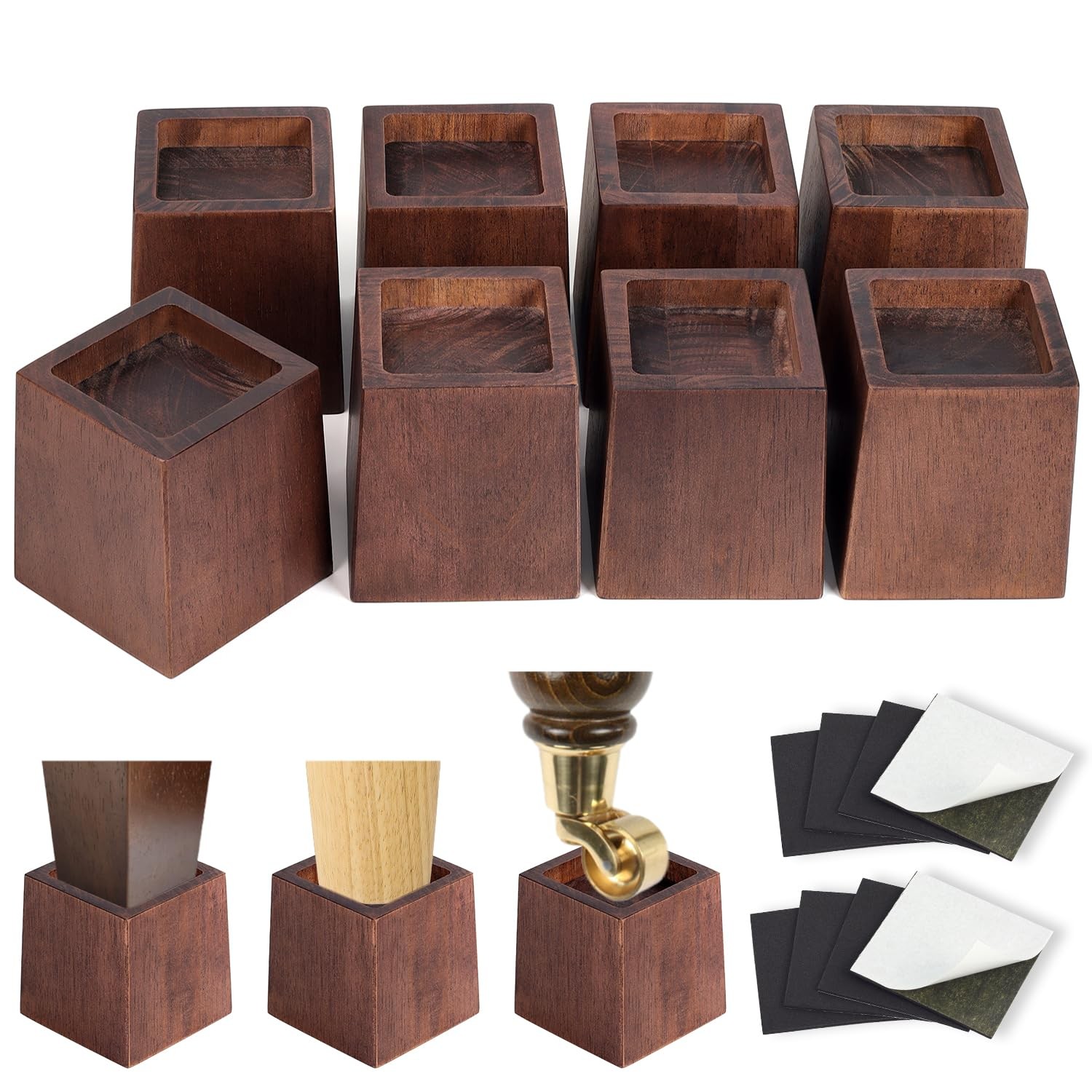 3 Inch Height Heavy Duty Wood Bed Risers – 8 Pack Wood Furniture Risers Exten...