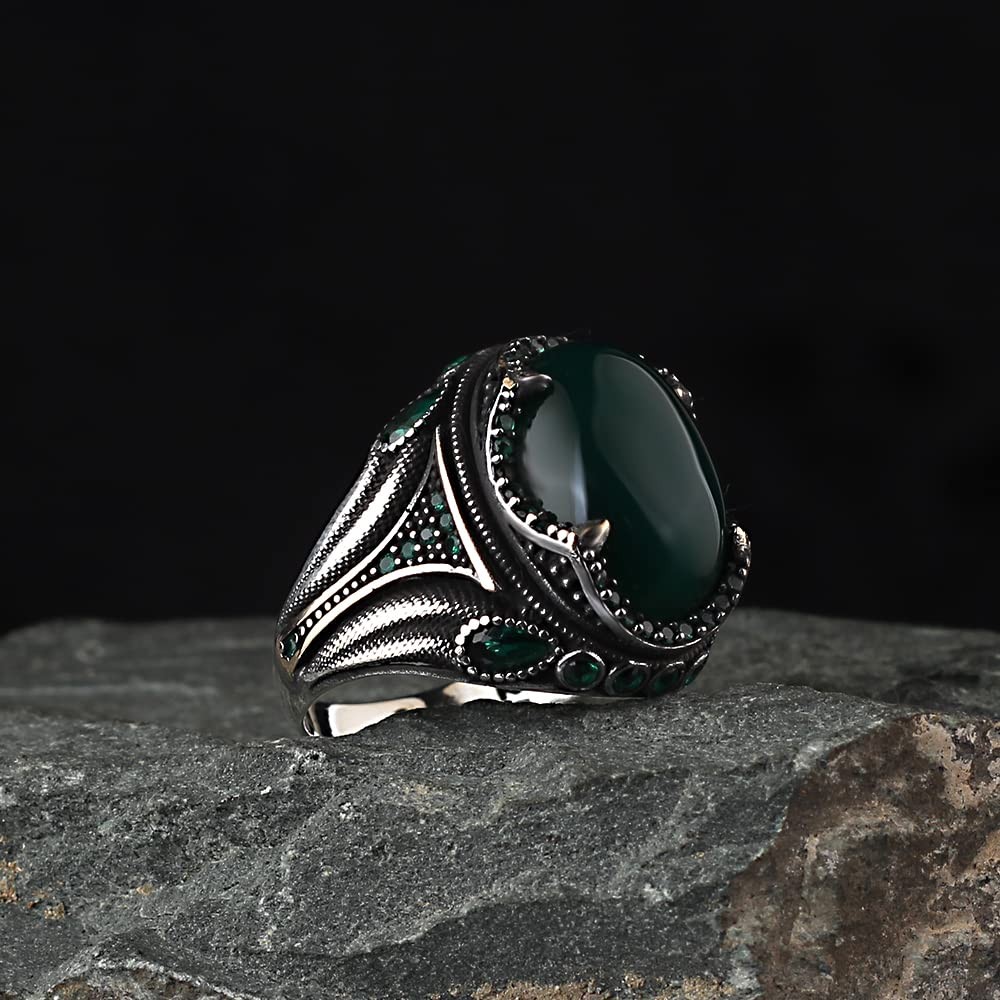 Green Agate Men's Silver Ring, Handmade Green Agate Stone Silver Ring for Men,