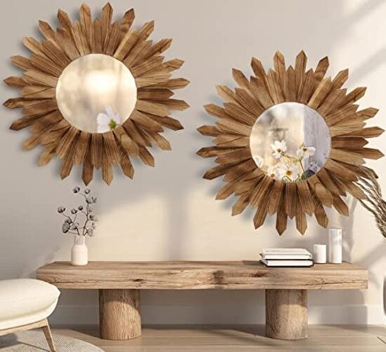 2 Pack 22 Inch Boho Wall Sunburst Mirror Rustic Round Wood Decorative Mirror
