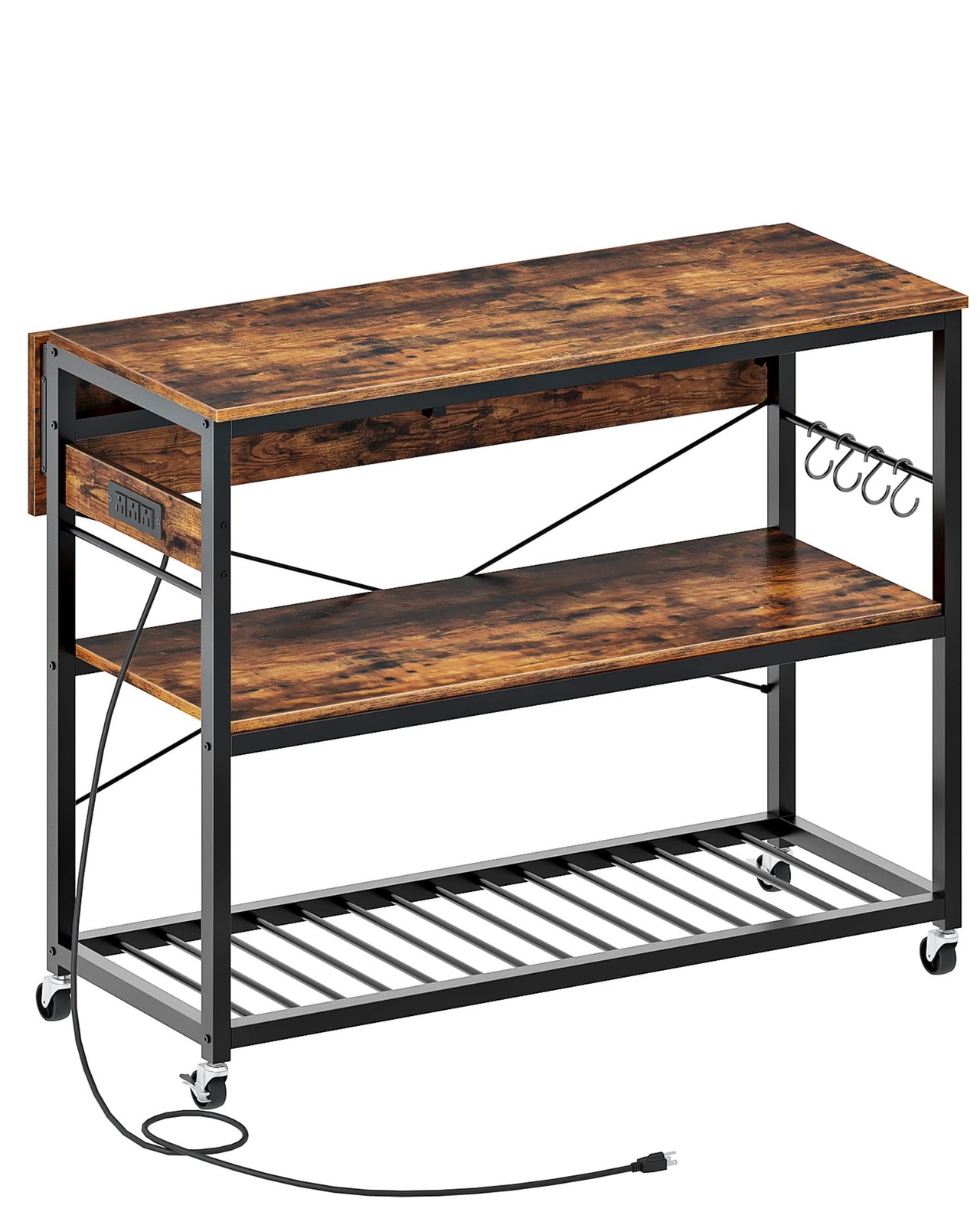Rustic Kitchen Island with Power Outlet, Folding Top & Wine Rack, Large Size