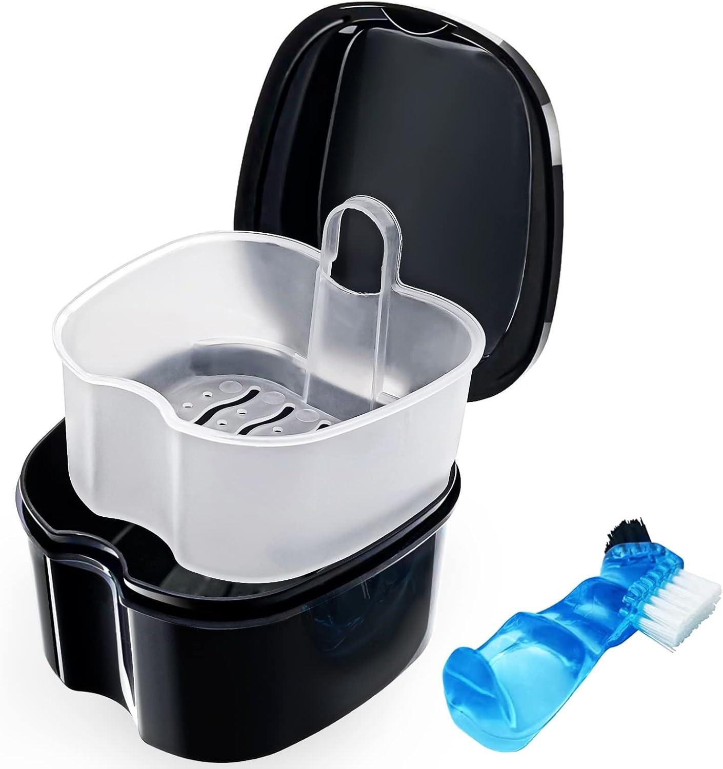 Denture Case, Denture Bath Cup with Brush, Denture Container Cups for Soaking De
