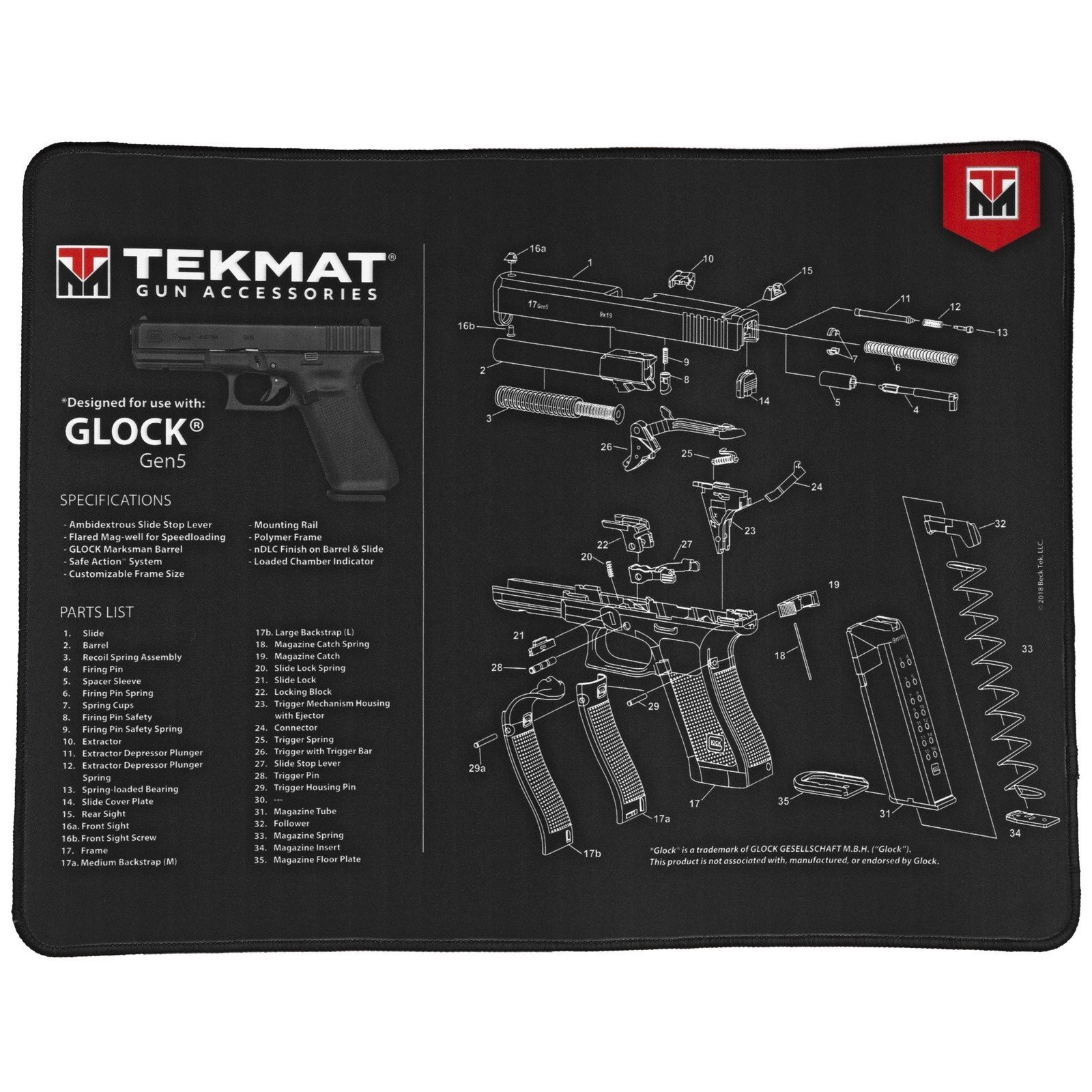 TekMat Ultra Cleaning Mat For Glock Gen 5 1/4? 15?X20? Black - TEK-R20-GLOCK-G5