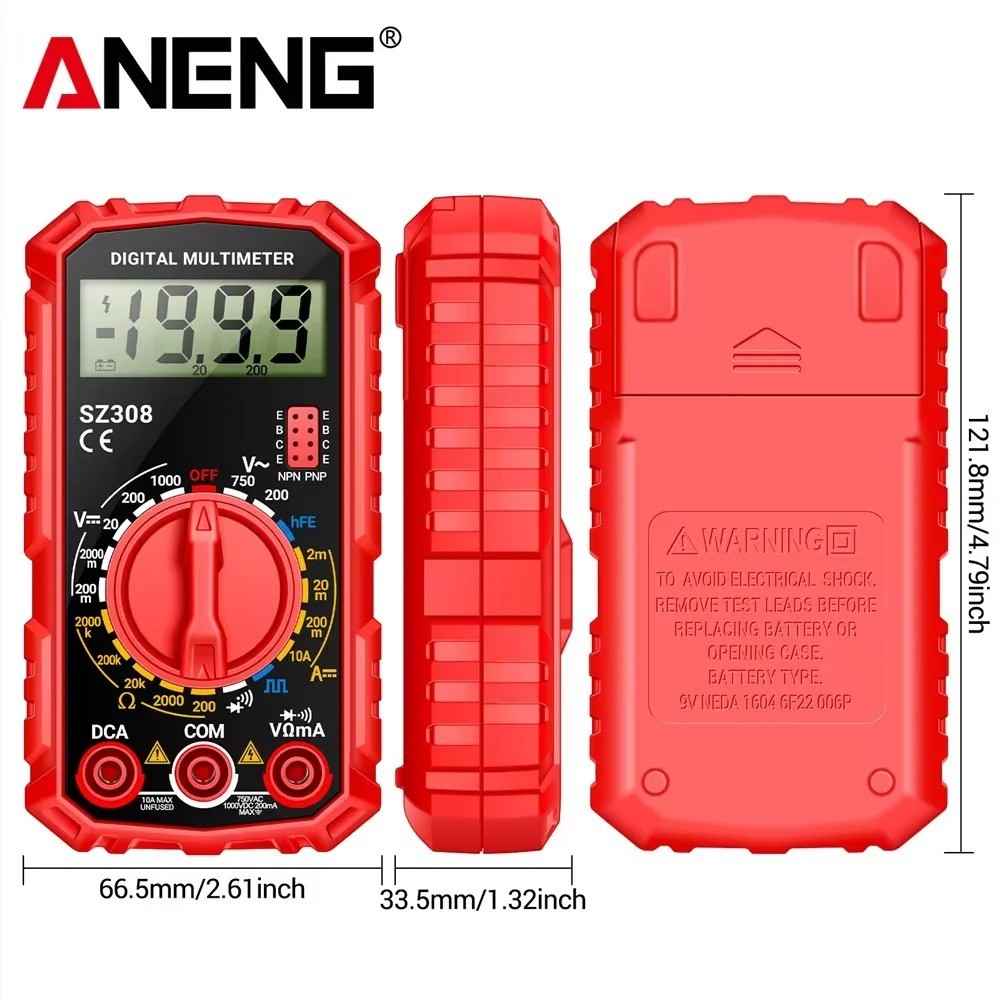 ANENG SZ308 Digital Multimeter 1999 Counts AC/DC Voltage 10A Current hFE