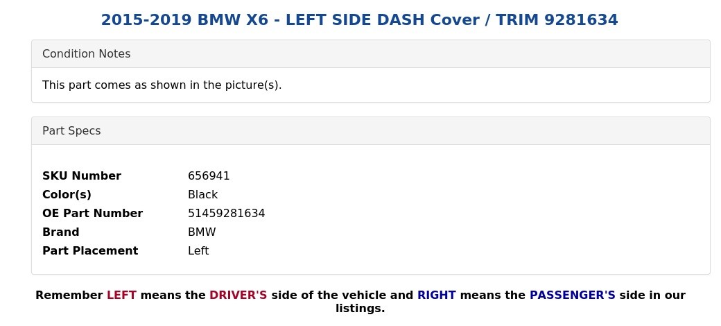 2015-2019 BMW X6 - LEFT SIDE DASH Cover / TRIM 9281634