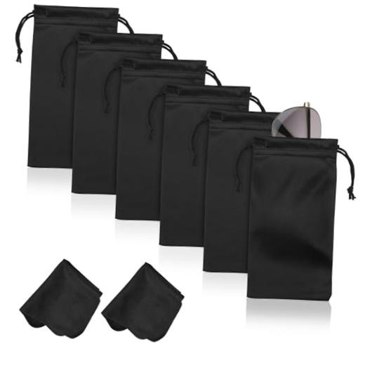 6 Pcs Microfiber Glasses Sunglasses Pouch with 2 Cleaning Cloths, Soft Black