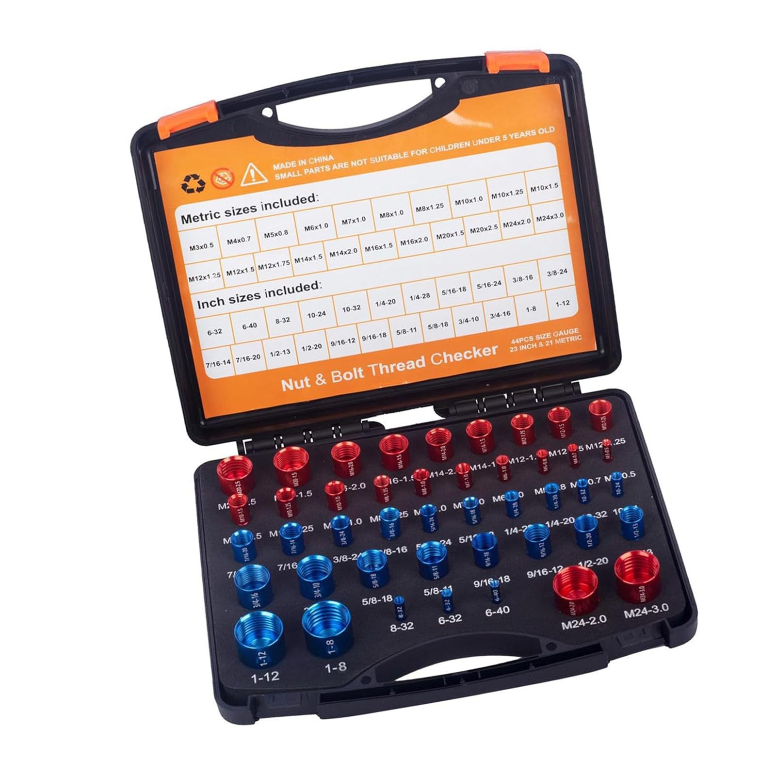 44 PCS Thread Checker Kit Nut And Bolt Carbon Steel Identifier Storage Box