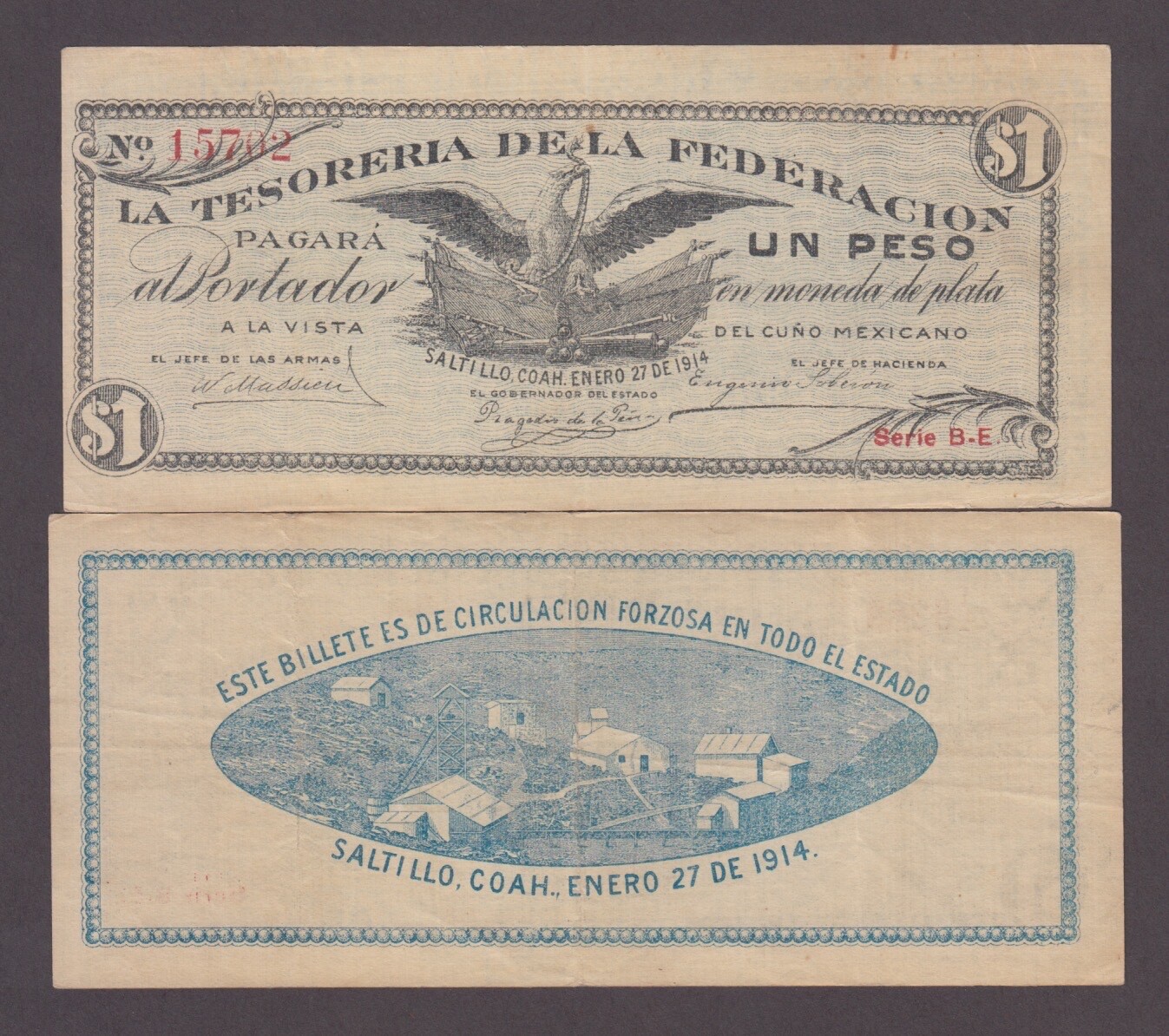 MEXICO P.S645 TESORERIA DE LA FEDERACION SALTILLO 1 PESO 27.1.1914  VF    2503