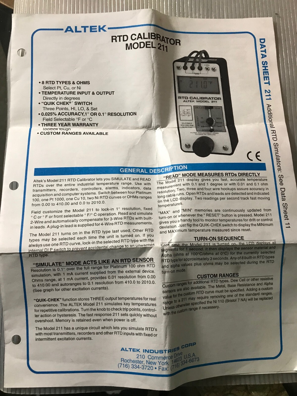 USED ALTEK 211 RTD CALIBRATOR RESISTANCE TEMPERATURE