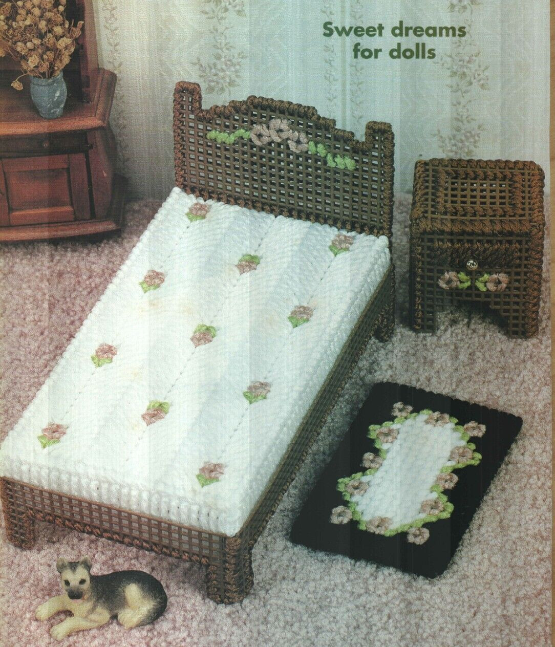 DOLLHOUSE BEDROOM SET BED RUG NIGHTSTAND PLASTIC CANVAS PATTERN INSTRUCTIONS