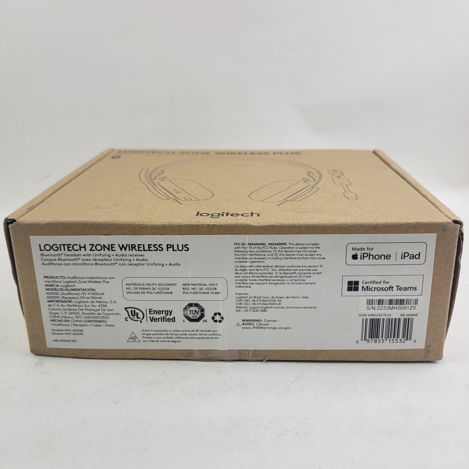 Logitech Zone Wireless Plus Headset Model A00082 Brand New Open Box