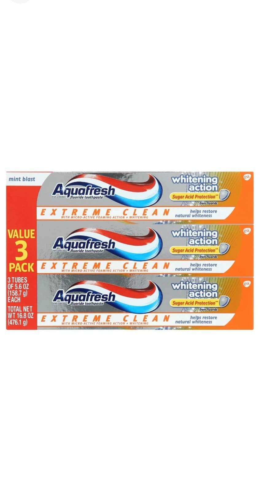 Aquafresh Extreme Clean Whitening Action Fluoride Toothpaste, 5.6 Oz, 3 Pack