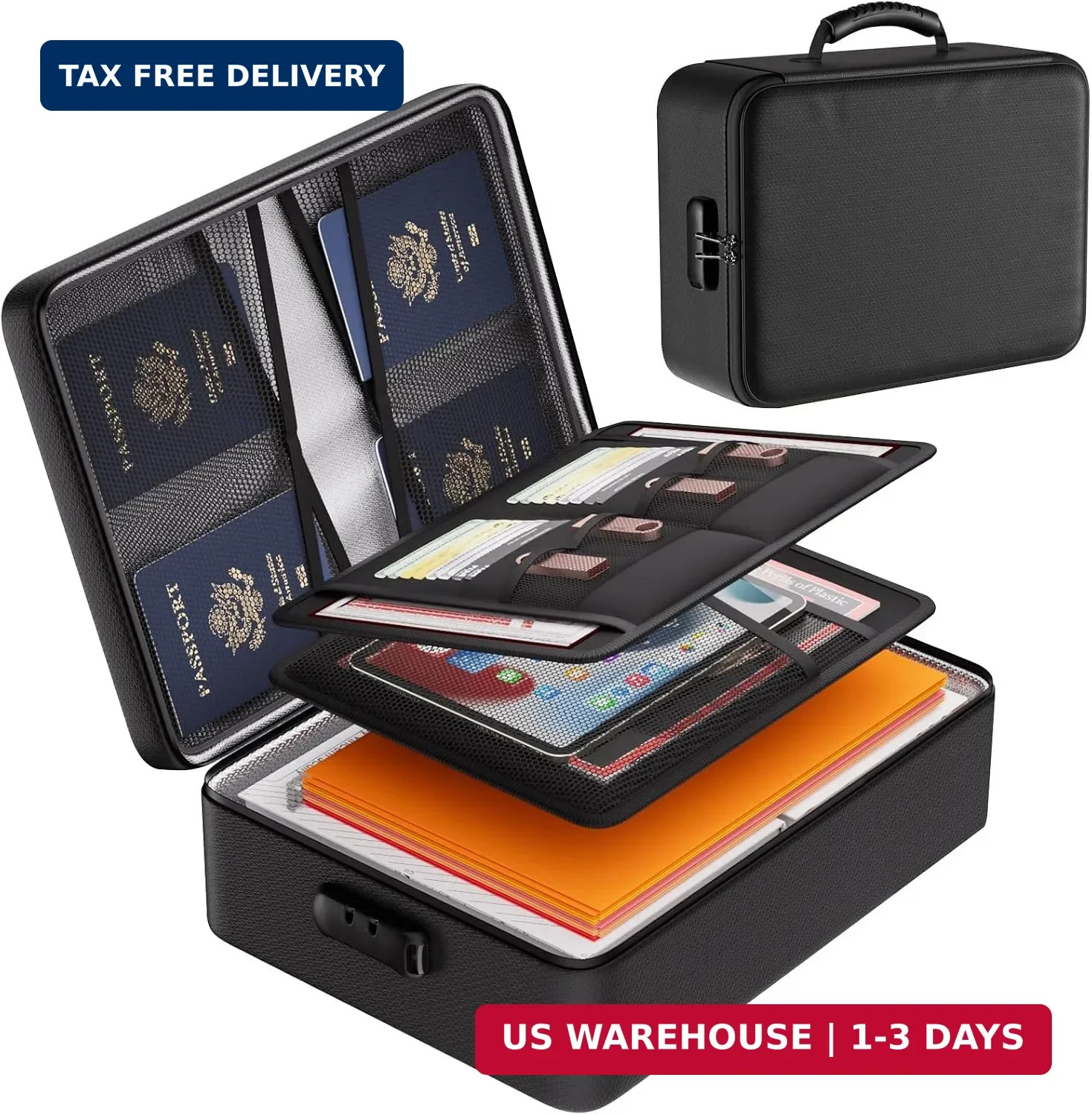 Fireproof Waterproof Document Organizer Bag with Lock 3 Layer File Storage Case