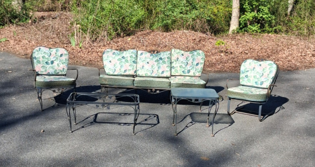 Vintage 5pc Wrought Iron Floral Chair Sofa Table Set Outdoor Patio Furniture Set