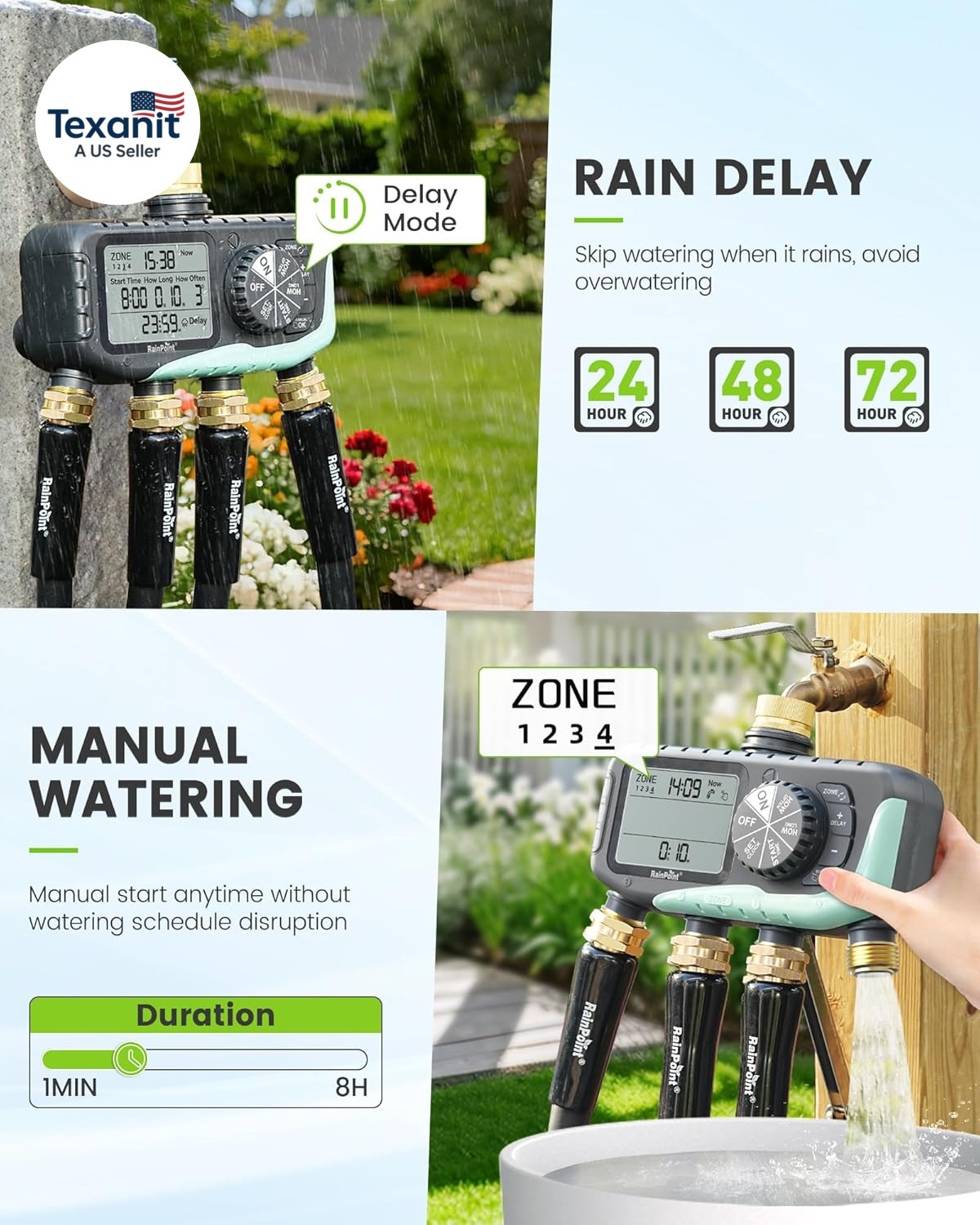 Sprinkler Timer 4 Zone, Water Timer for Programmable, for Soaker Hose with Rain