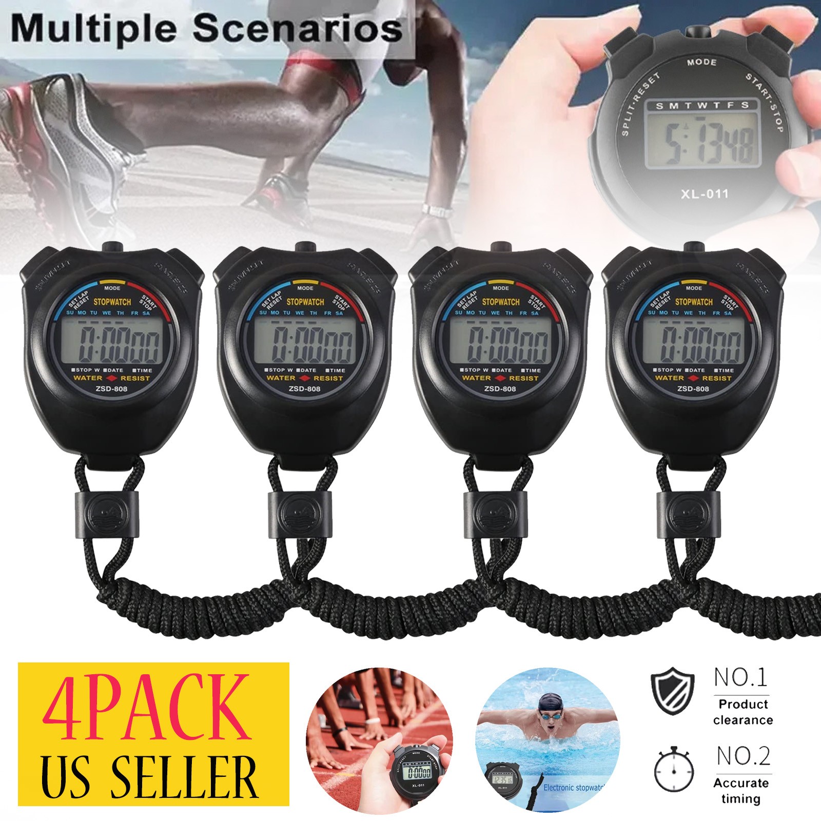 4PCS Waterproof Digital Handheld Sports Stopwatch Stop Watch Timer Alarm Counter