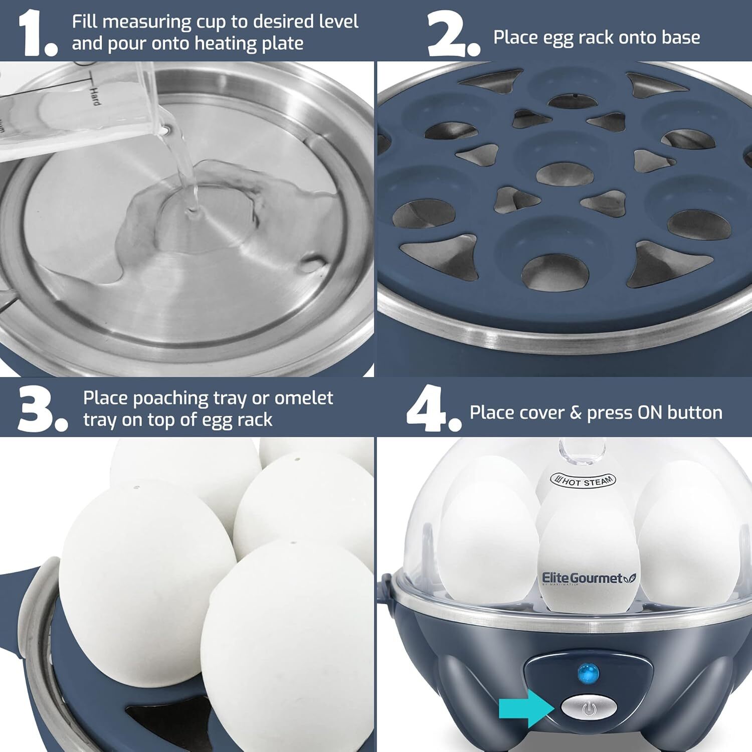 Elite Gourmet Easy Electric 7 Egg Capacity Soft, Medium, Grey Blue