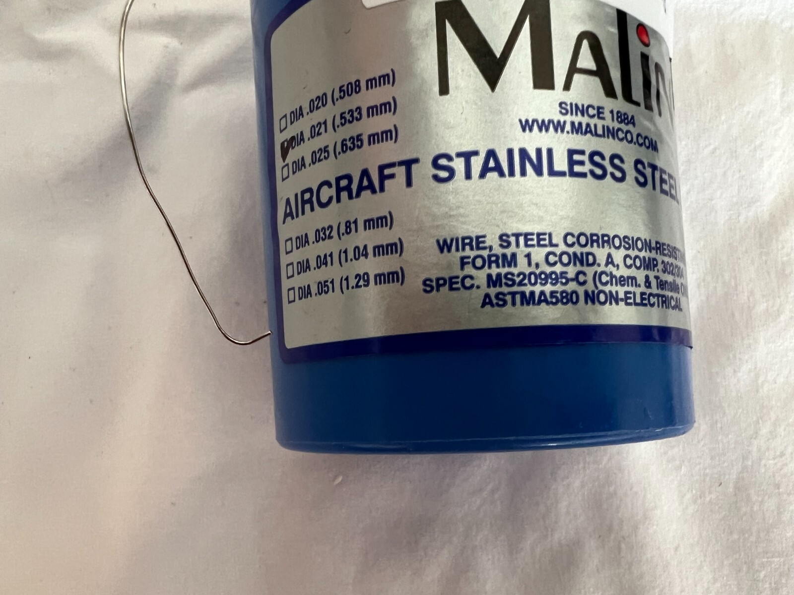 Malin .021 safety wire new 1 pound roll with manufacturers certifications